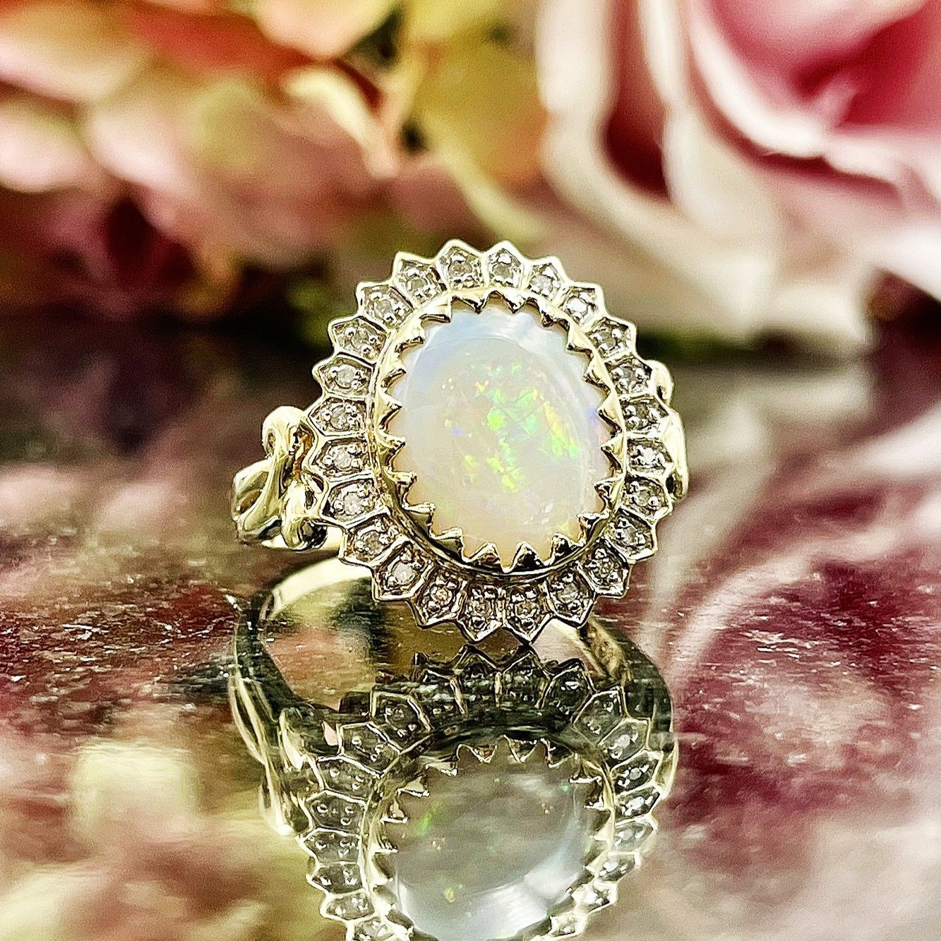 3.01ct Oval Opal With Diamond Petal Halo 10k Yellow Gold Ring