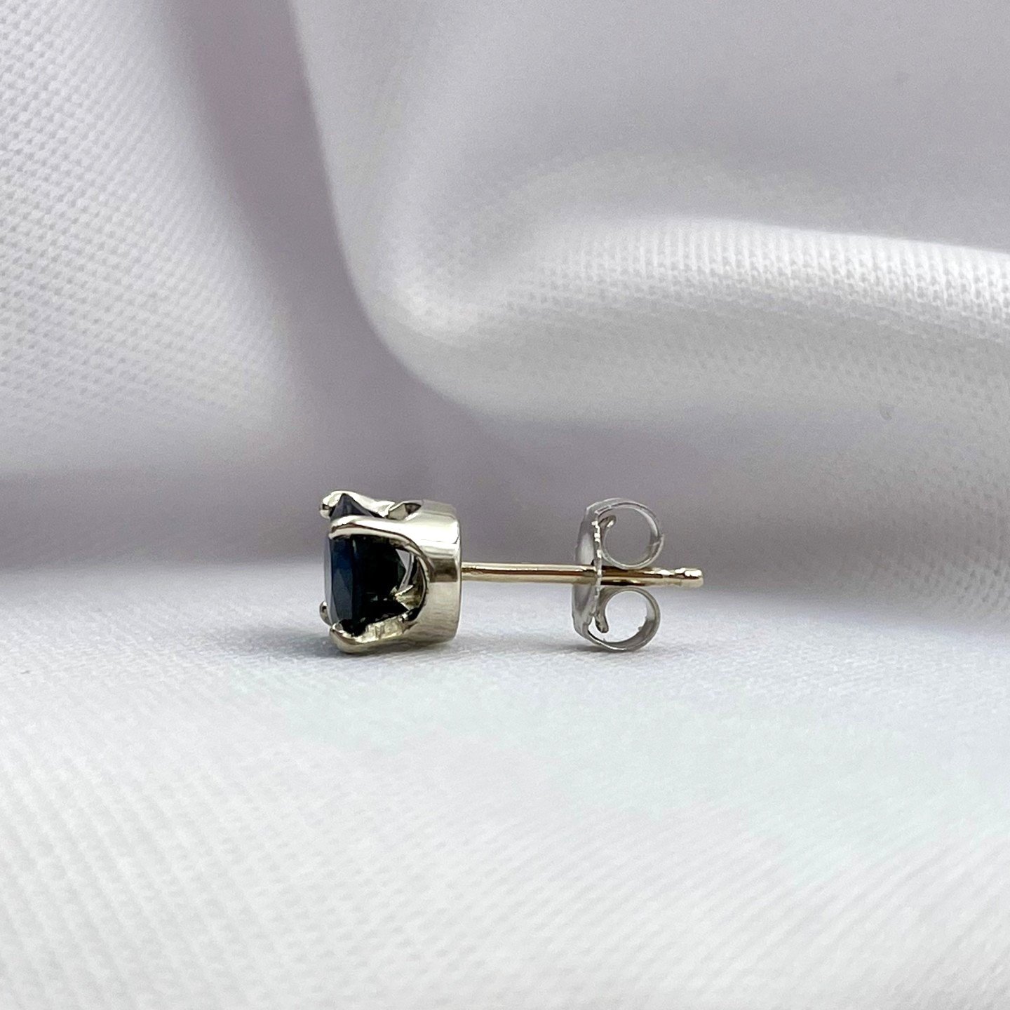 side view white background 1.89ctw Round Blue Sapphire Earrings 14k White Gold