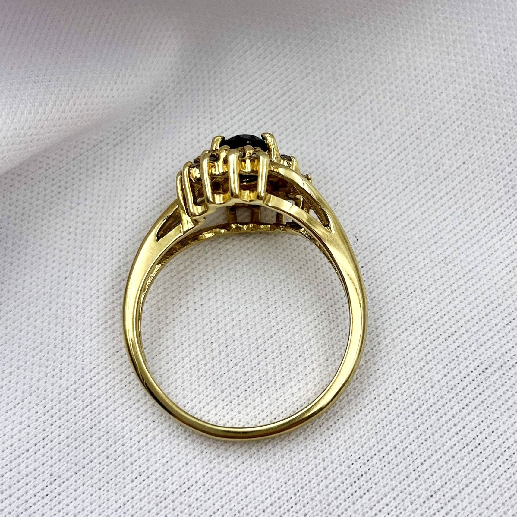 top down gallery view Floral 10k Yellow Gold Oval Sapphire With Diamond Accents Ladies Ring