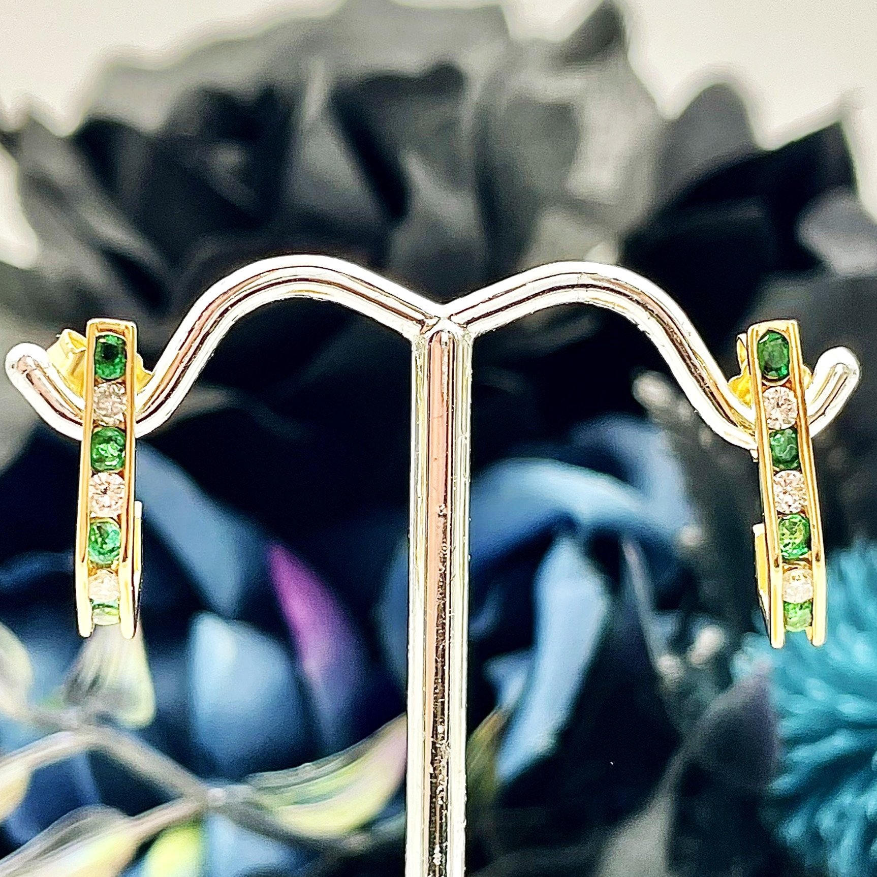 14k Yellow Gold Emerald And Diamond J Hoop Earrings