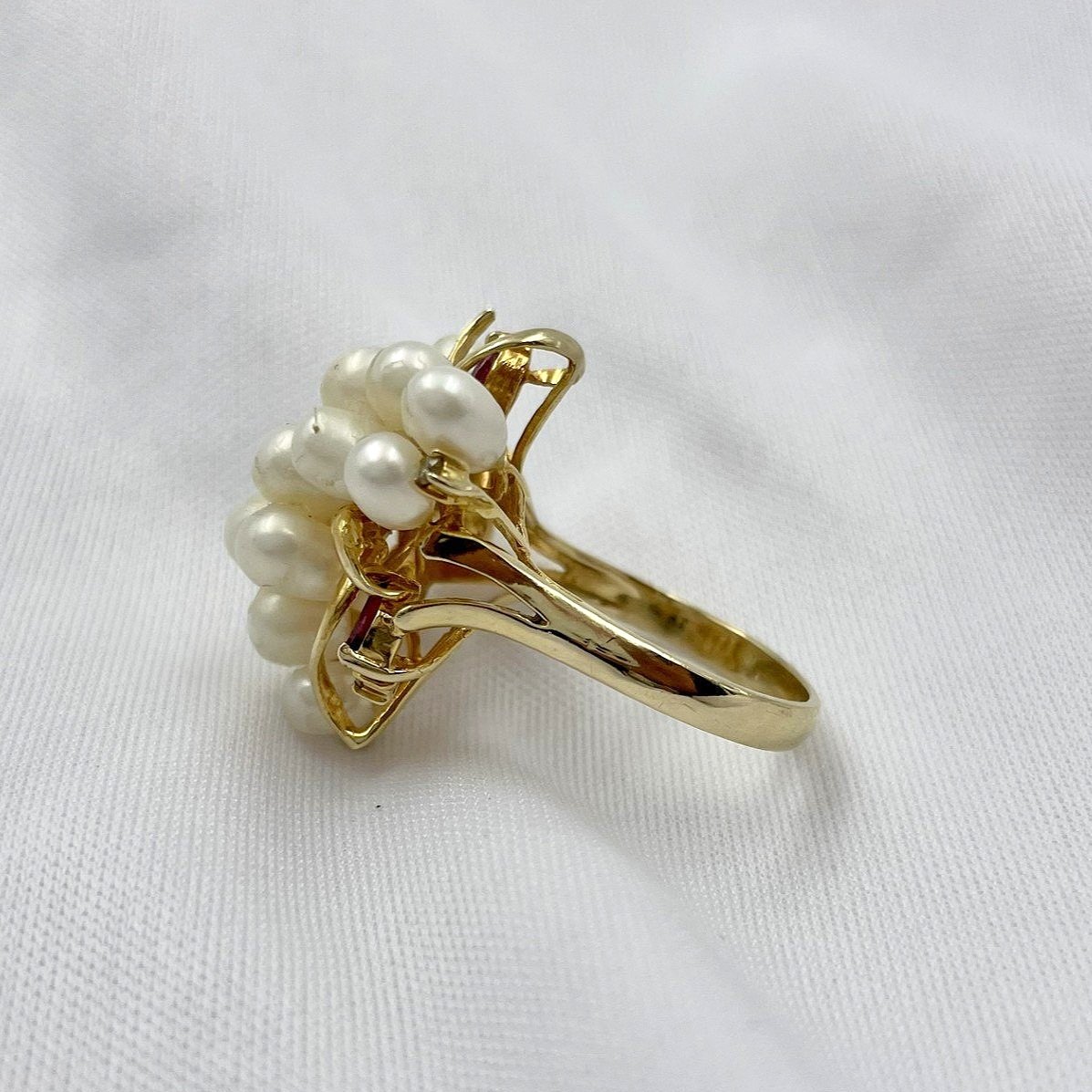 side view white background 14k Yellow Gold Freshwater Pearl Cluster Ring With Ruby And Diamond Accents