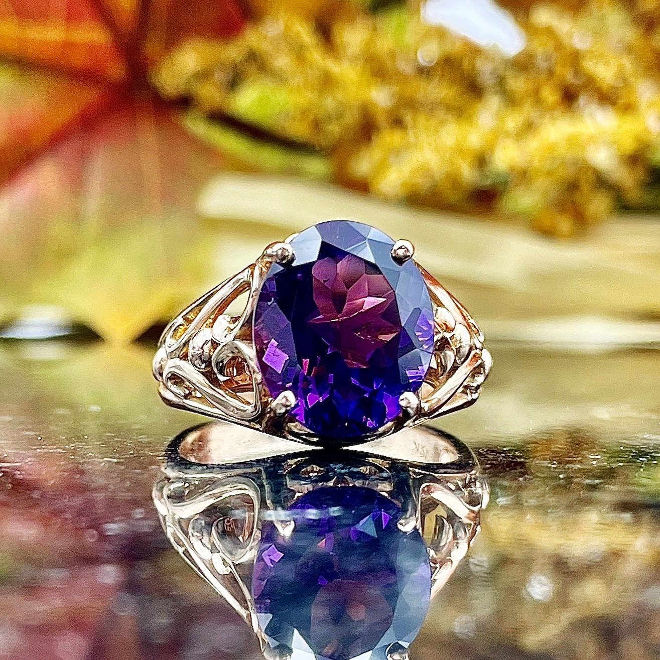 14k Rose Gold Heart Filigree Oval Amethyst Ladies Ring