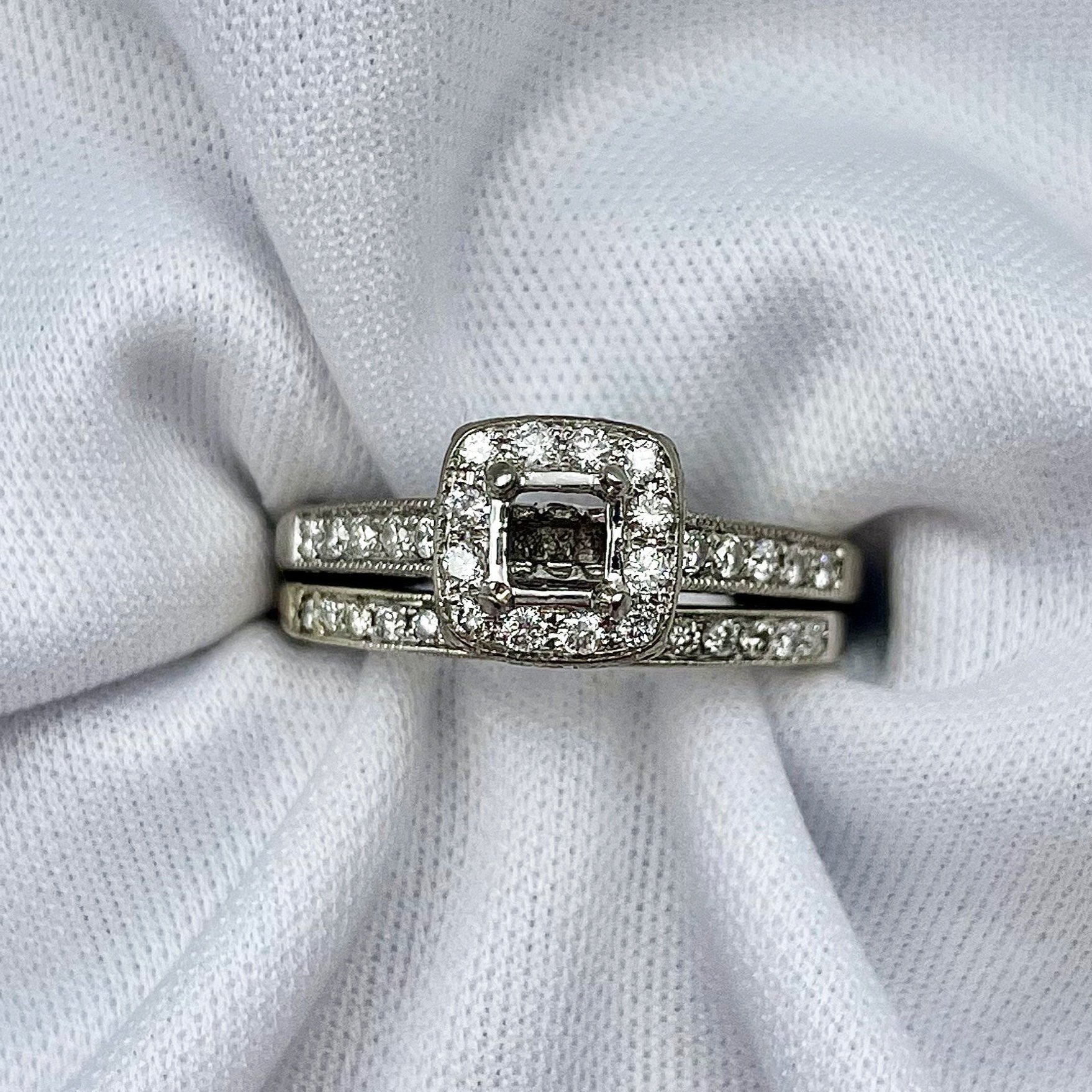 top down white background 1/4ctw A+ Quality Cushion Halo Diamond Wedding Set Semi Mounting 14k White Gold