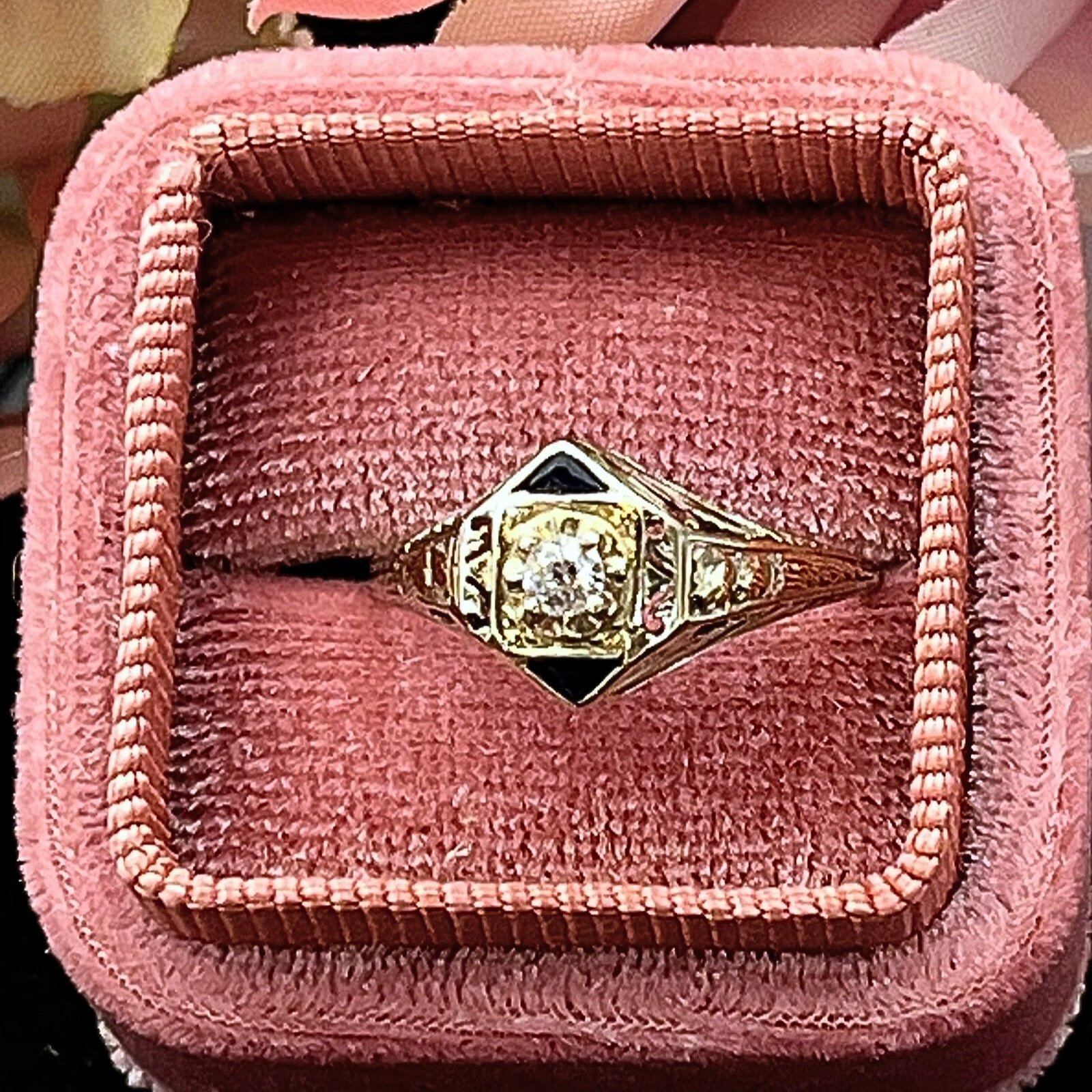 .10ct Old Mine Cut Diamond With Triangle Cut Sapphire Accents Estate Ring 14k White Gold