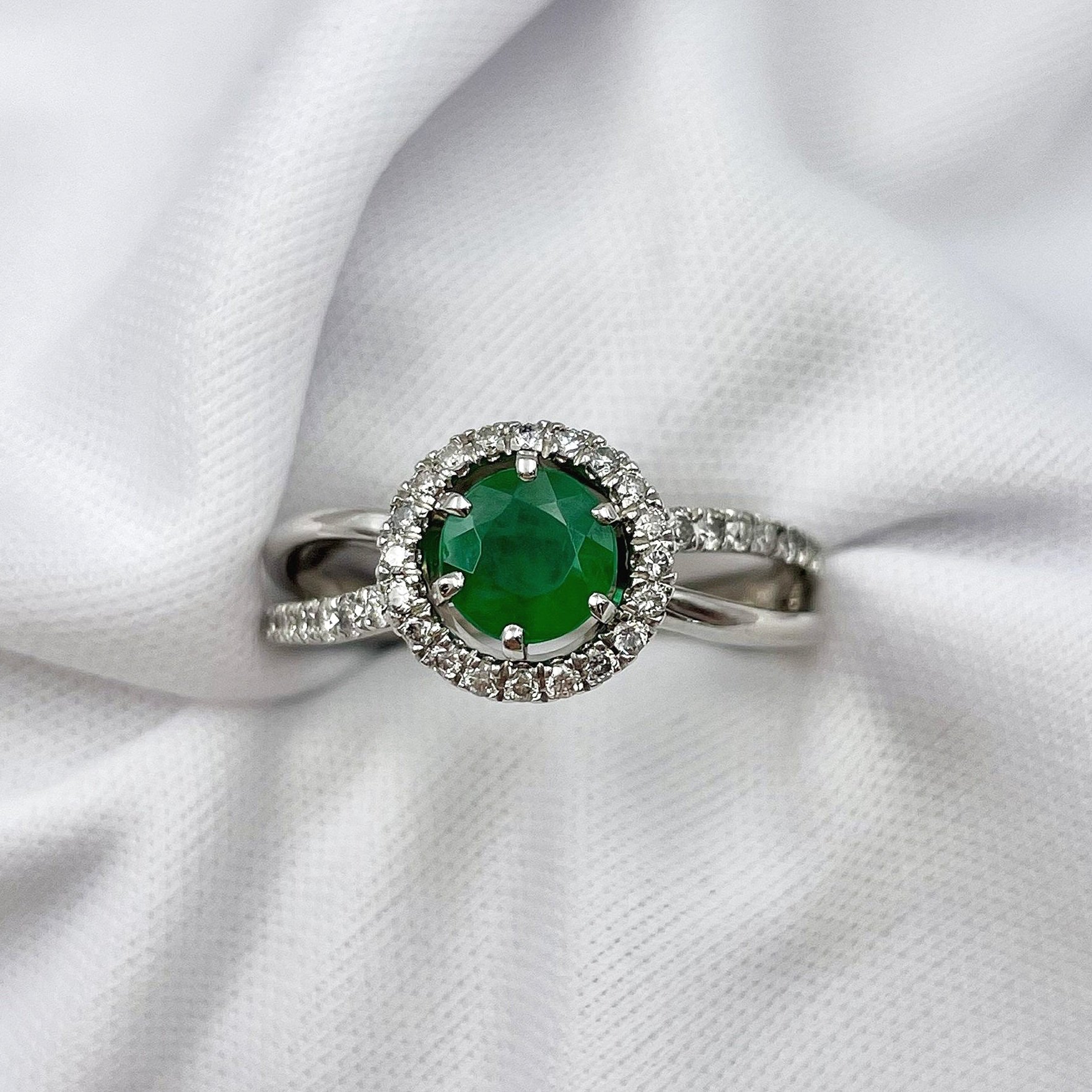 top down white background .67ct Emerald With 1/3ctw Diamonds Halo Split Shoulder 14k White Gold Ring