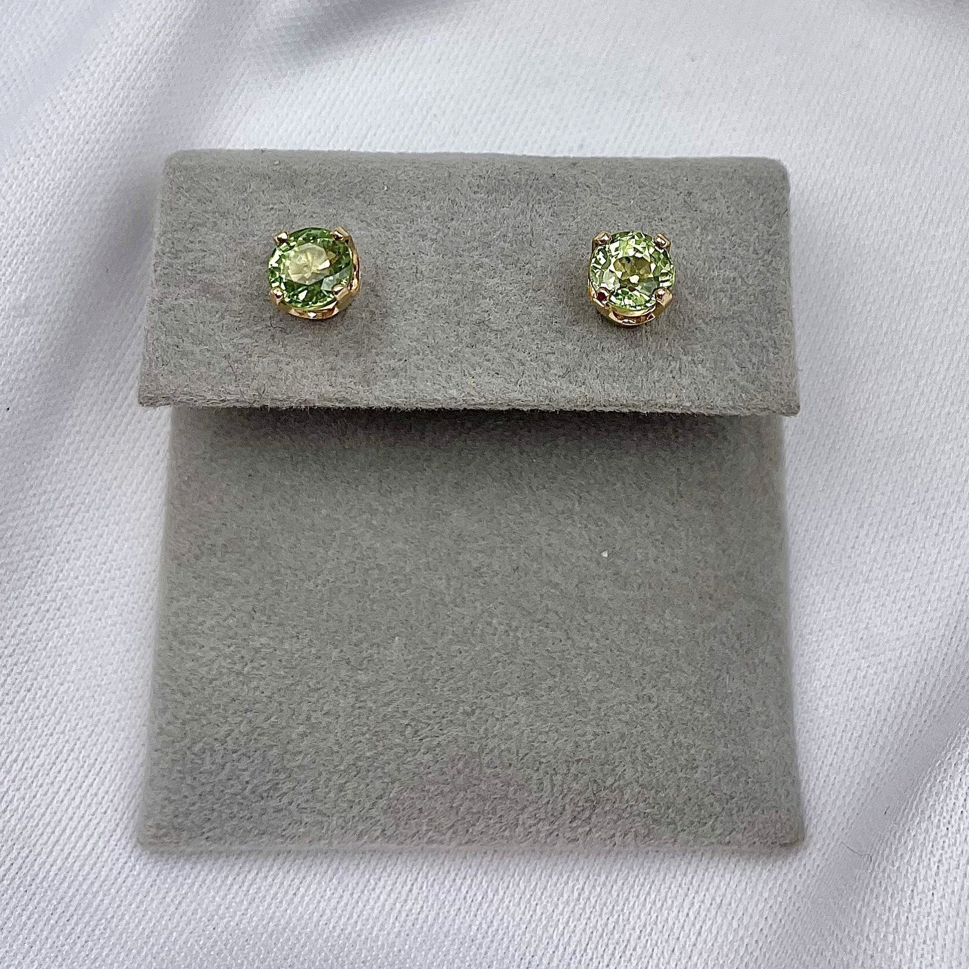 top down white background 1.73ctw Round Cut Green Sapphire Solitaire Stud Earrings 14k Yellow Gold