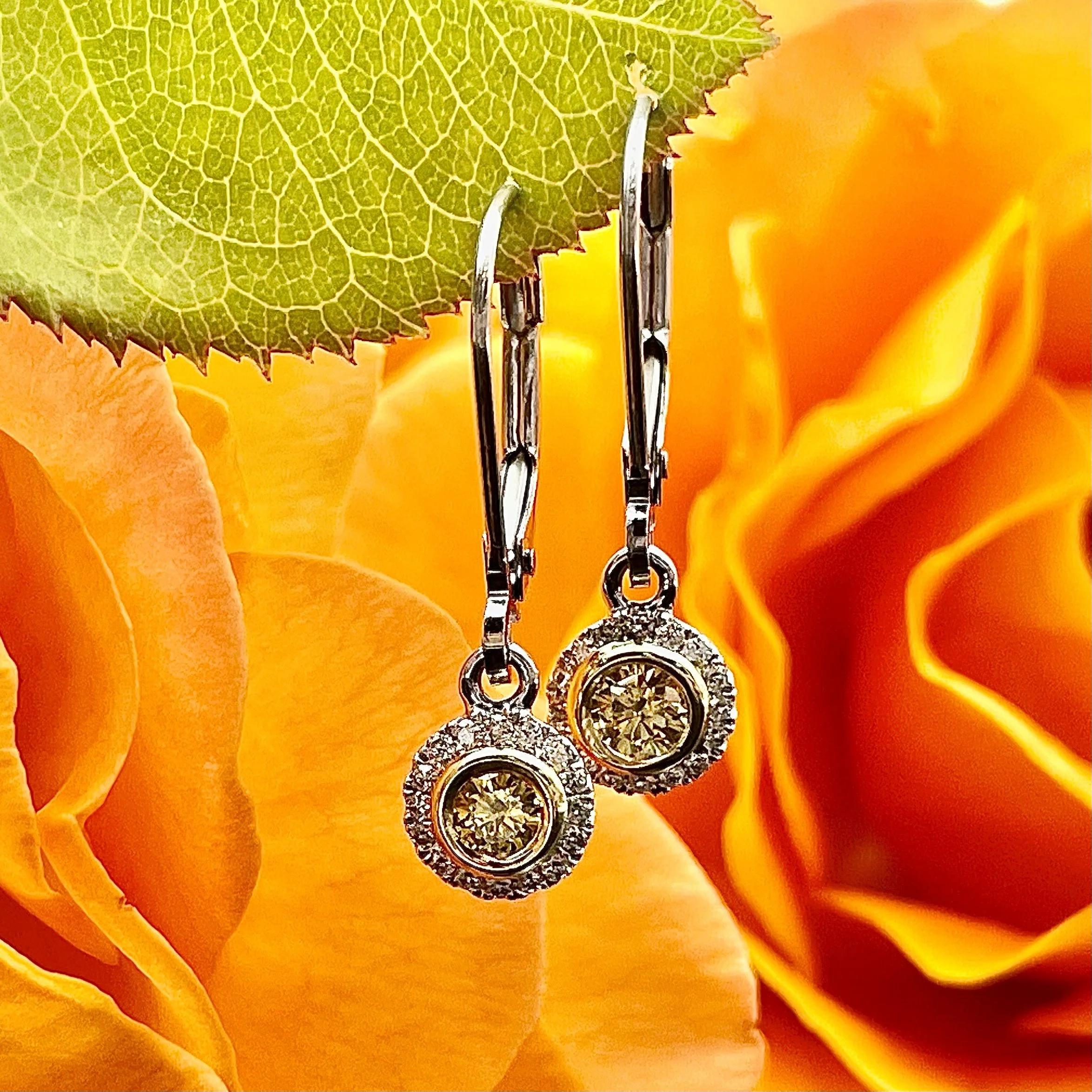 .20ctw Yellow Diamond Halo Dangle Earrings 14k White Gold