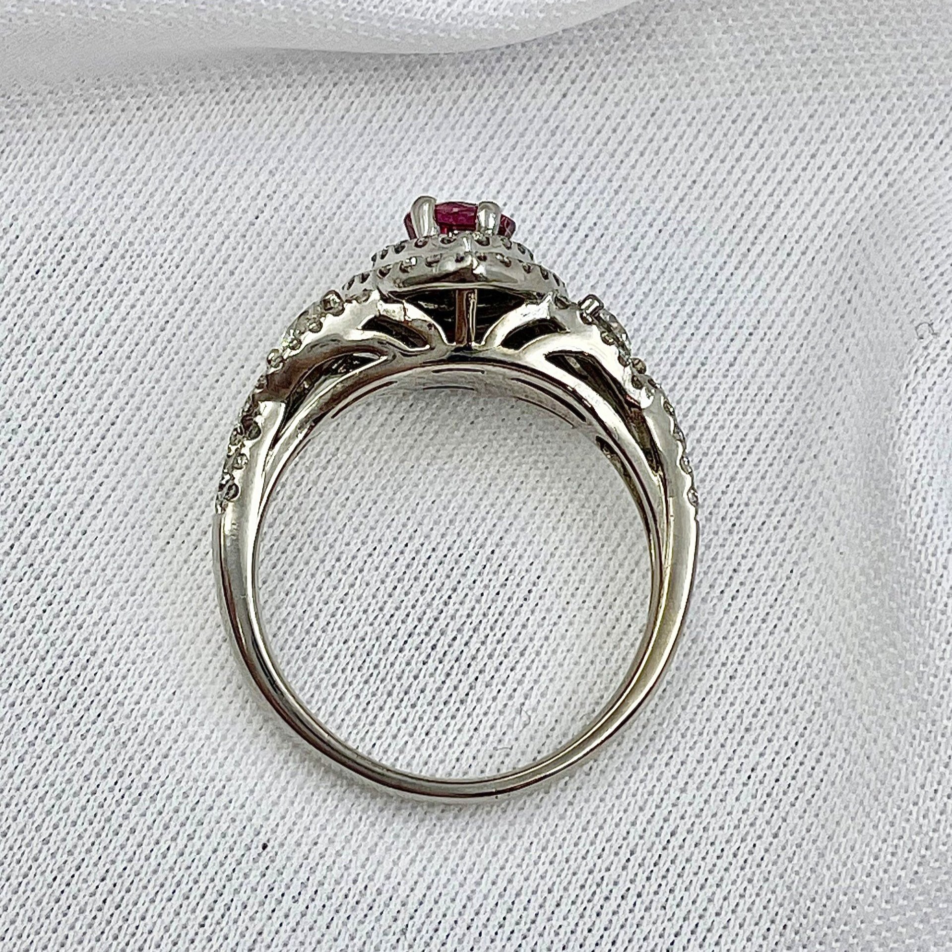 top down gallery view white background .71ct Ruby With 3/4ctw Diamond Accents Pear Halo 14k White Gold Ladies Ring