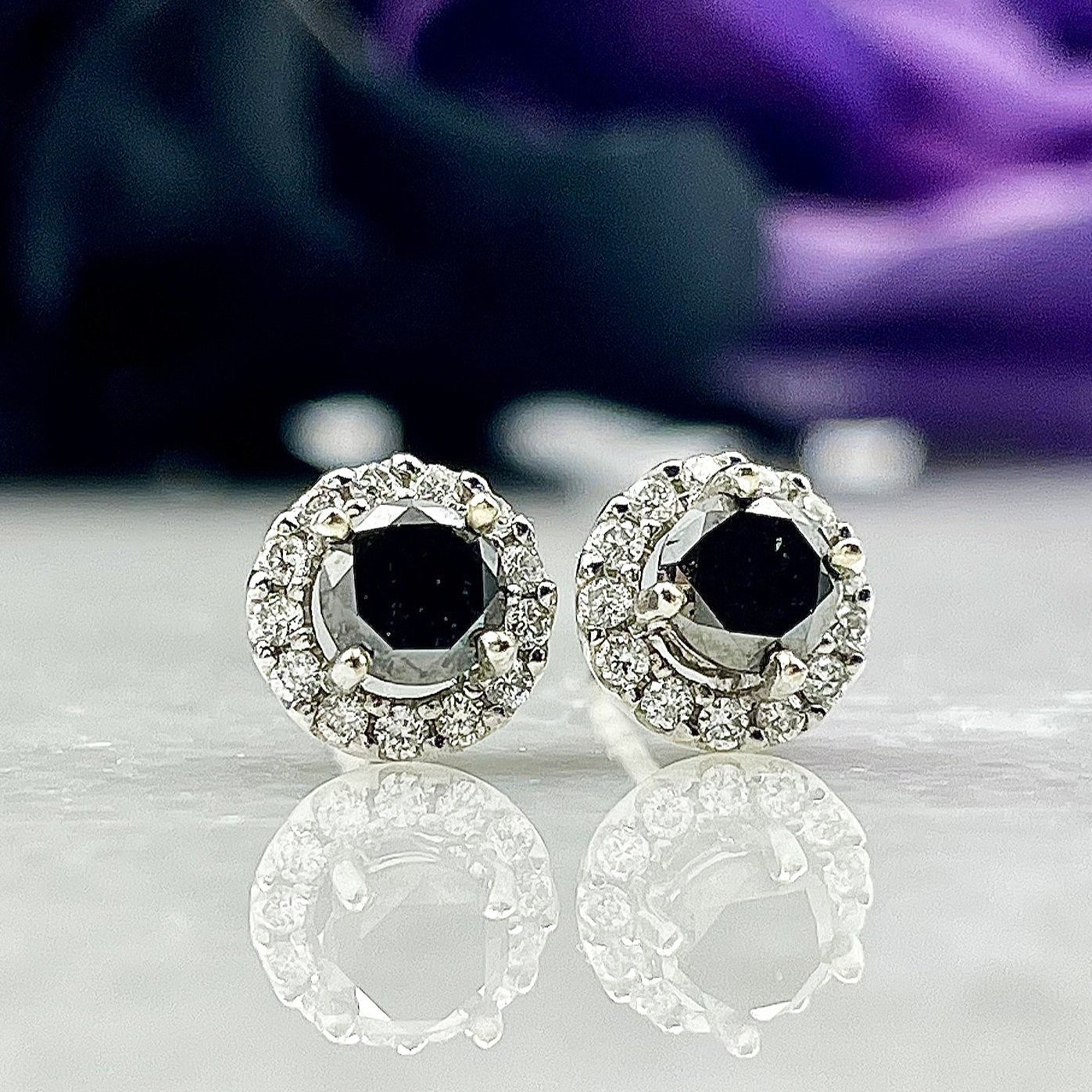 .80ctw Black Diamonds With .21ctw White Diamond Halos 14k White Gold Stud Earrings