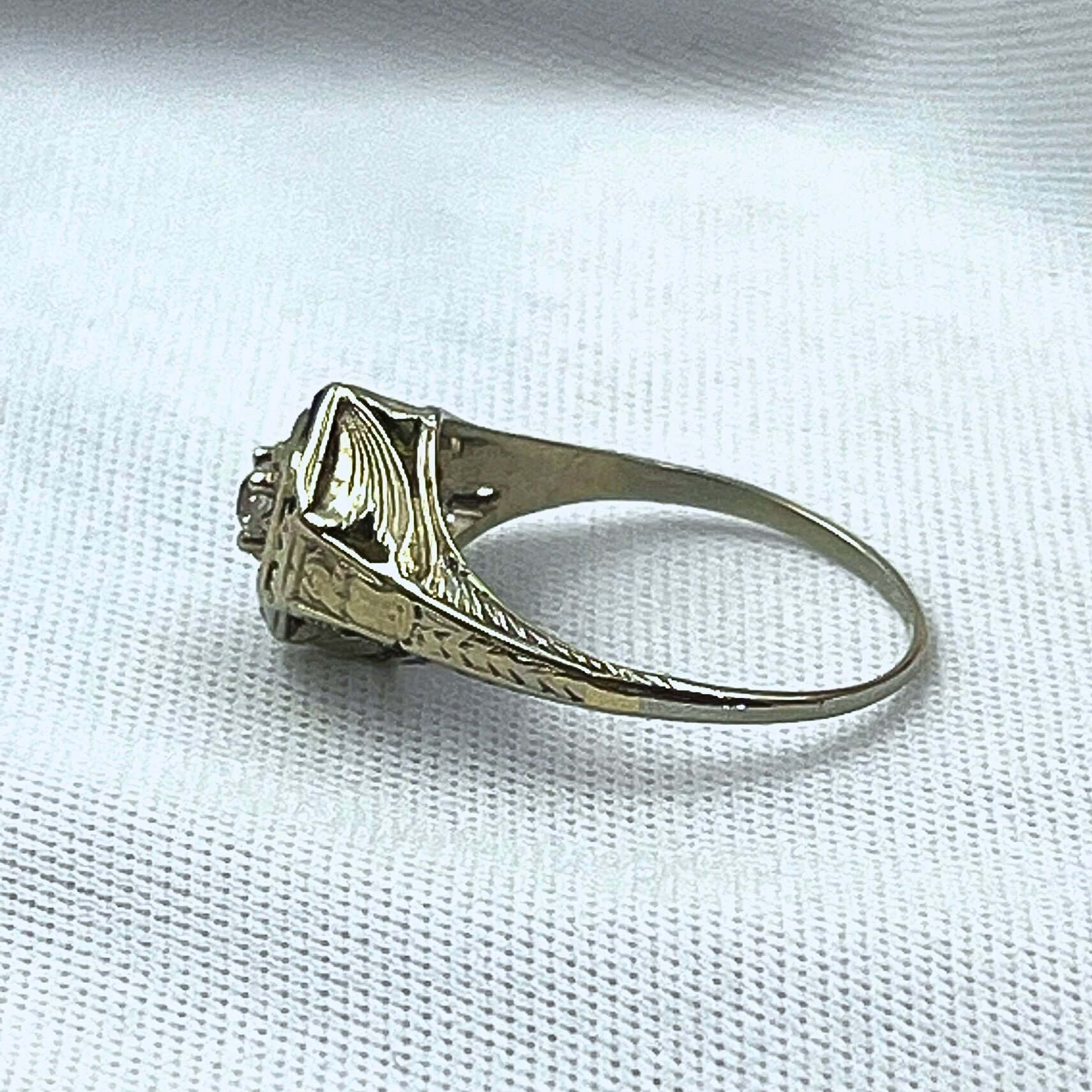 .10ct Old Mine Cut Diamond With Triangle Cut Sapphire Accents Estate Ring 14k White Gold