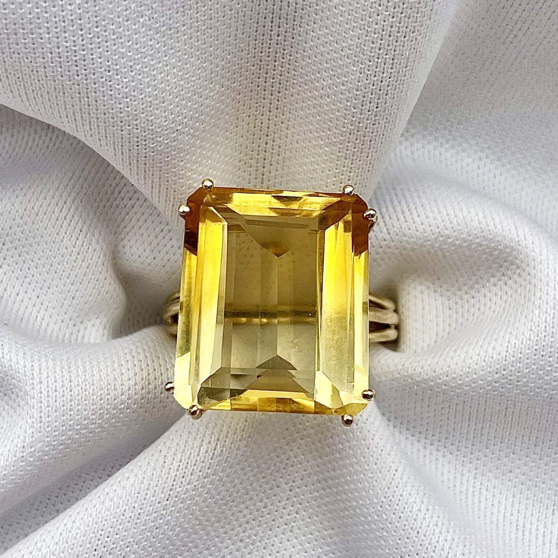 top down white background 14k Yellow Gold Emerald Cut Citrine Statement Ring