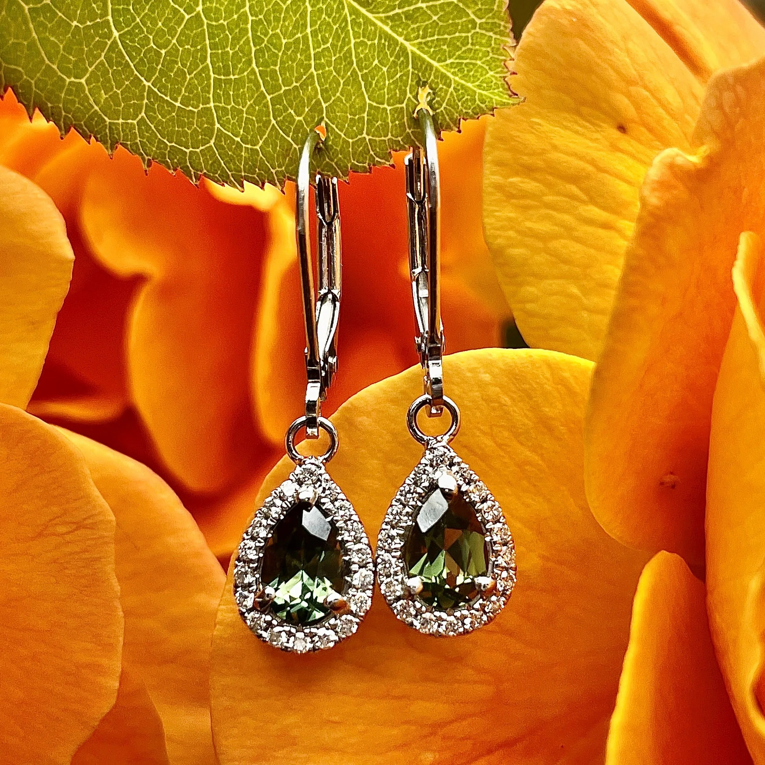 .97ctw Green Sapphire Halo Dangle Earrings 14k White Gold