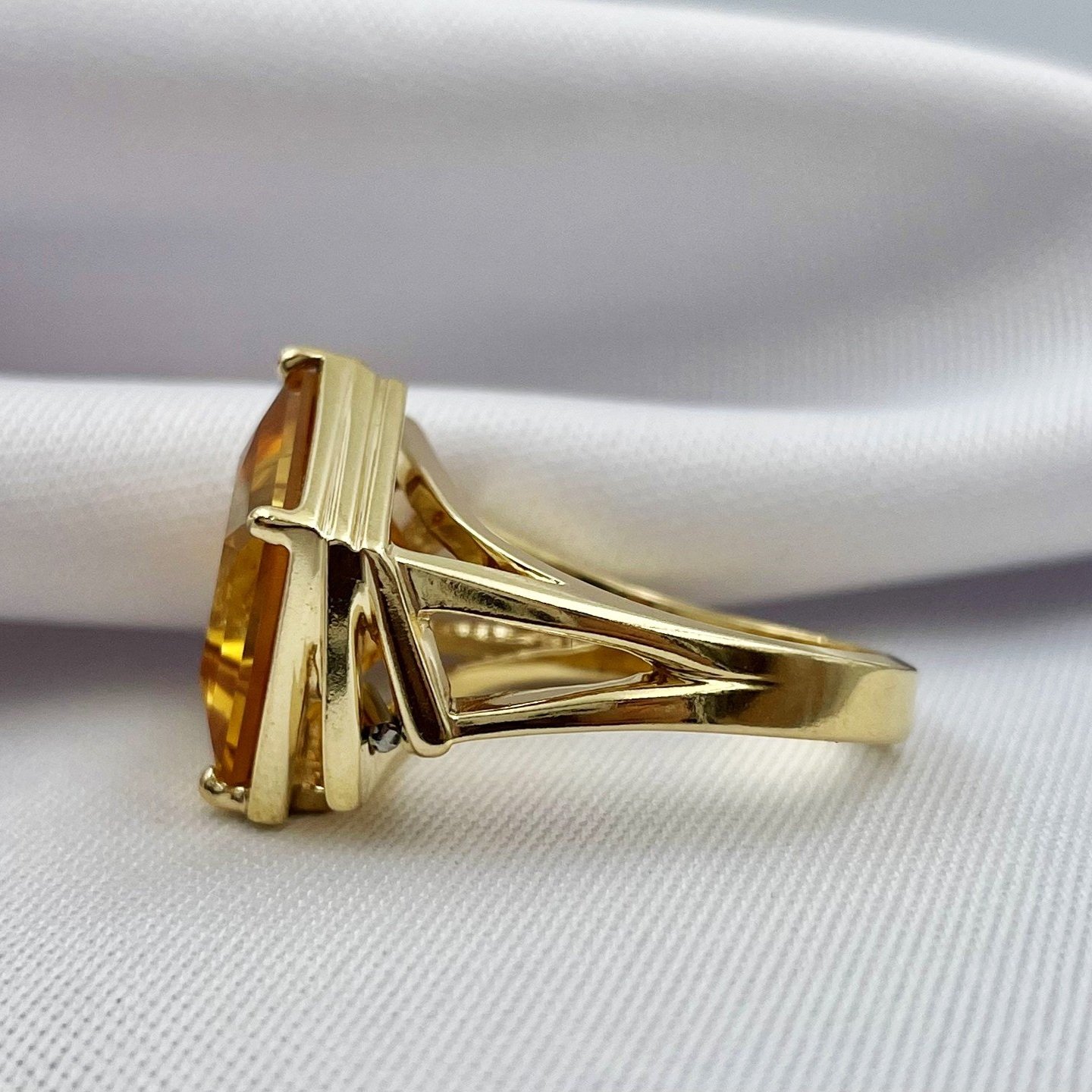 side view white background Unique Citrine Geometric Statement Ring 14k Yellow Gold