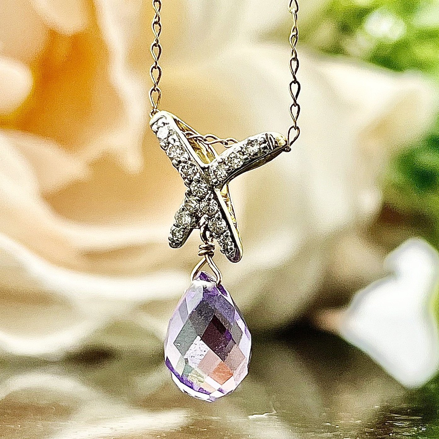 14k Yellow Gold Briolette Cut Amethyst With .09ctw Diamond Accents Pendant
