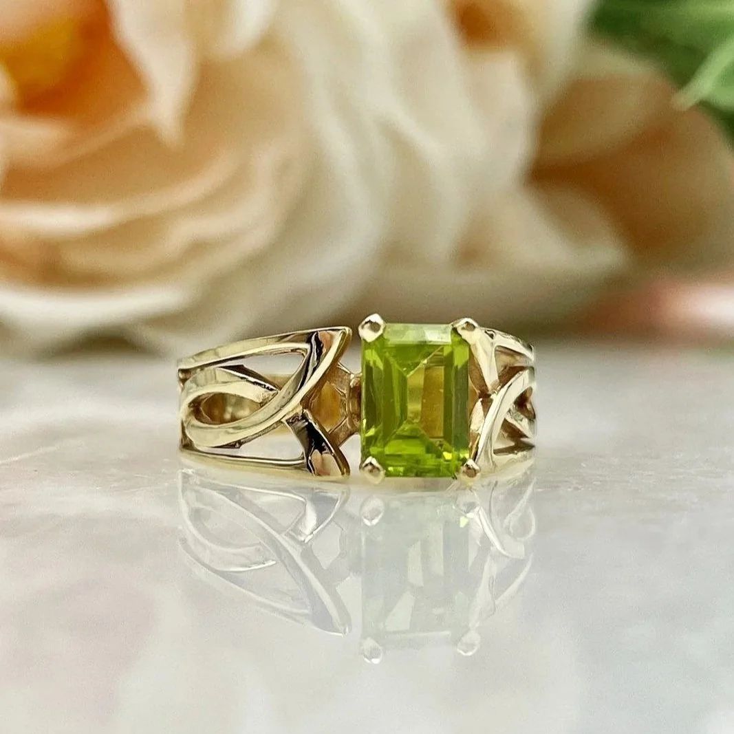 Peridot Emerald Cut Celtic Knot Inspired 14k Yellow Gold Ring