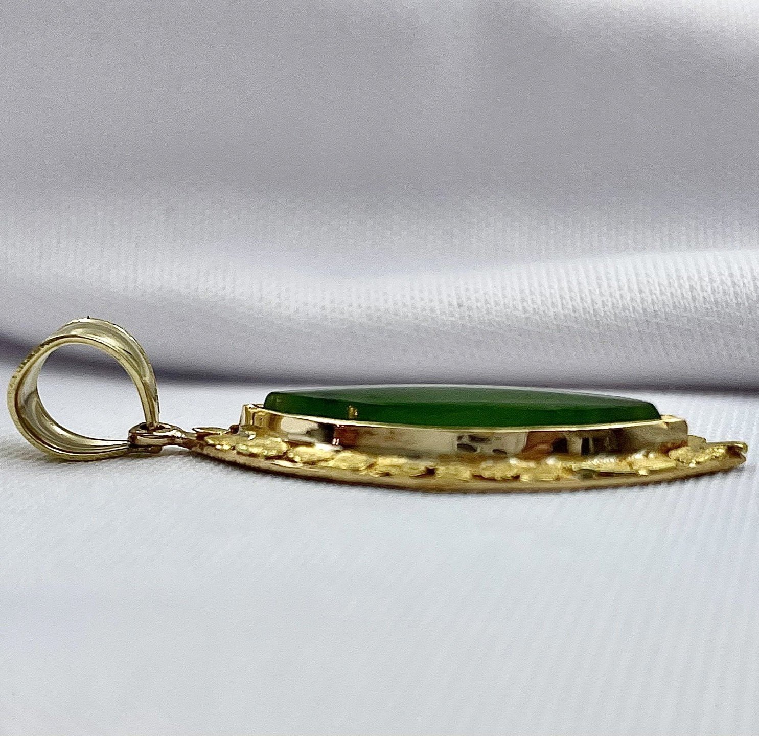 side view white background 10k Yellow Gold Nugget Design Marquise Jade Vintage Pendant