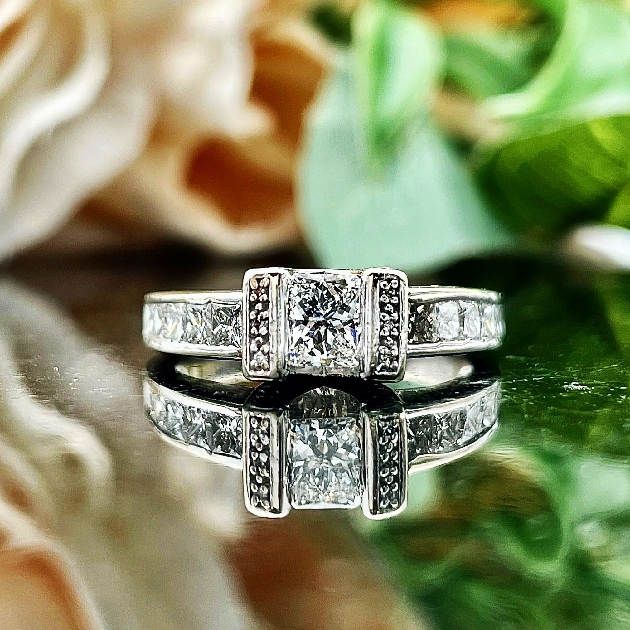 4.5mm Princess Cut Natural White Diamond  A+ Accent Diamonds Channel Set Shoulders Ladies Engagement Ring 14k White Gold