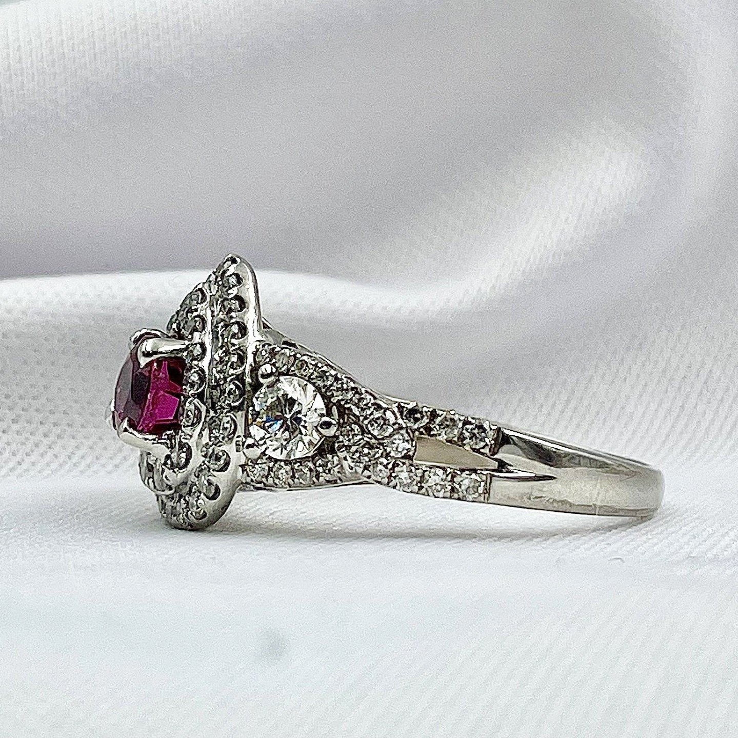 side view white background .71ct Ruby With 3/4ctw Diamond Accents Pear Halo 14k White Gold Ladies Ring