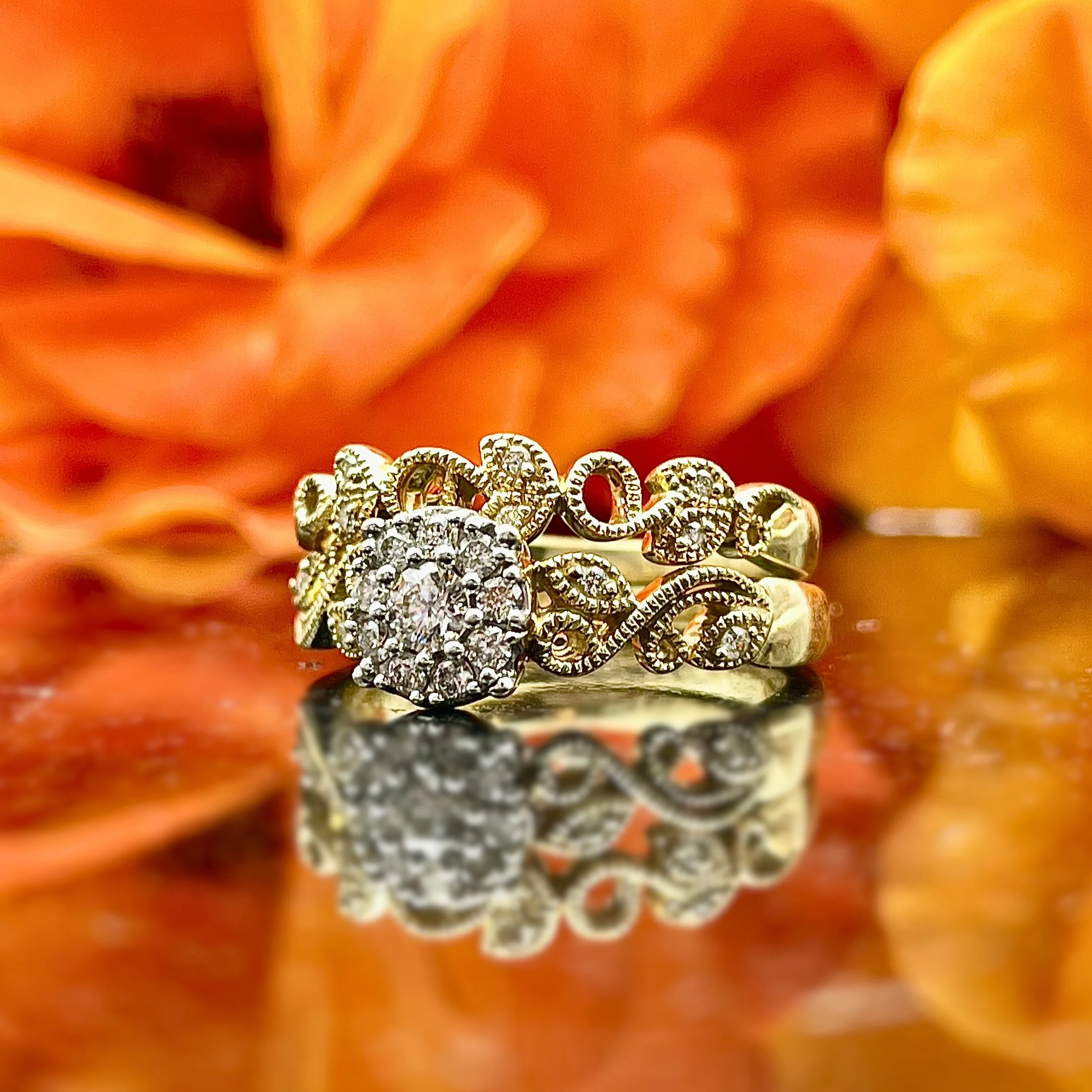 10k Yellow Gold 1/3ctw Diamond Cluster Floral Wedding Bridal Set