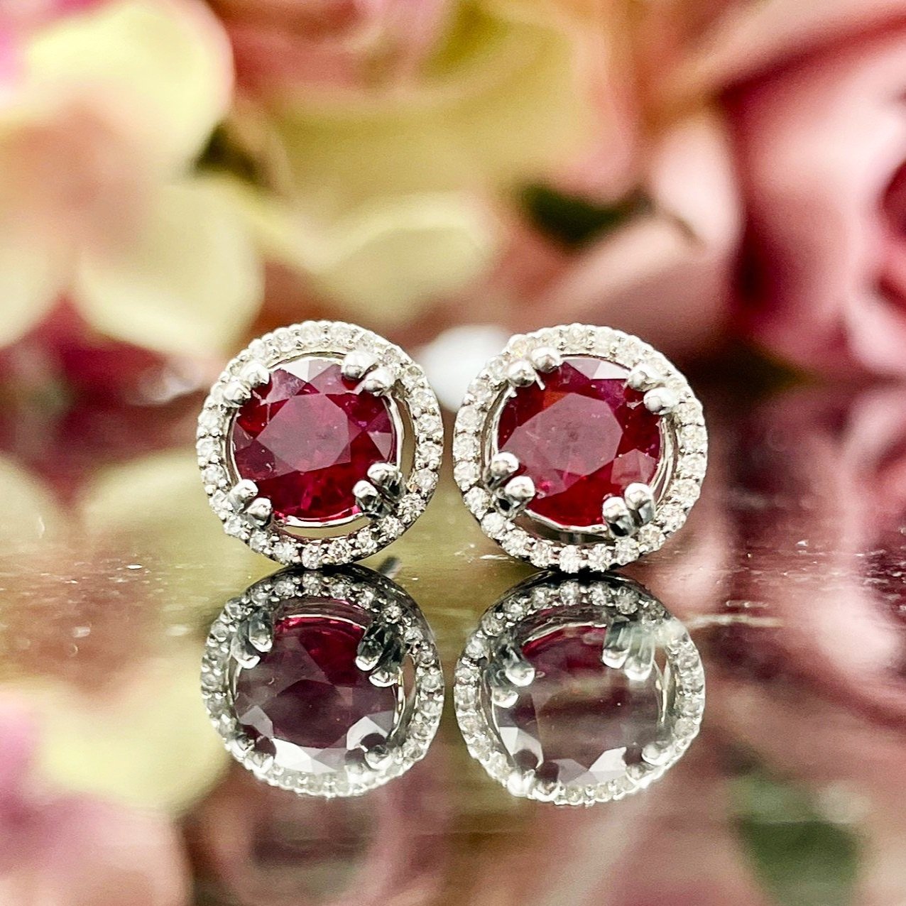 1.95ctw Rubies With 1/5ctw A+ Diamond Halos Stud Earrings 14k White Gold