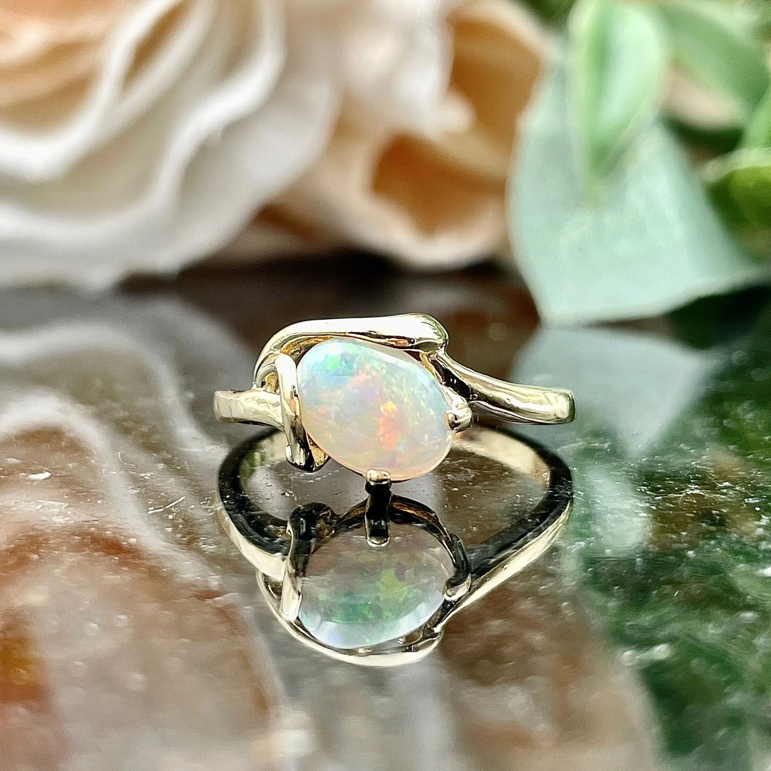 14k Yellow Gold .84ct Oval Opal Ladies Unique Asymmetric Ring
