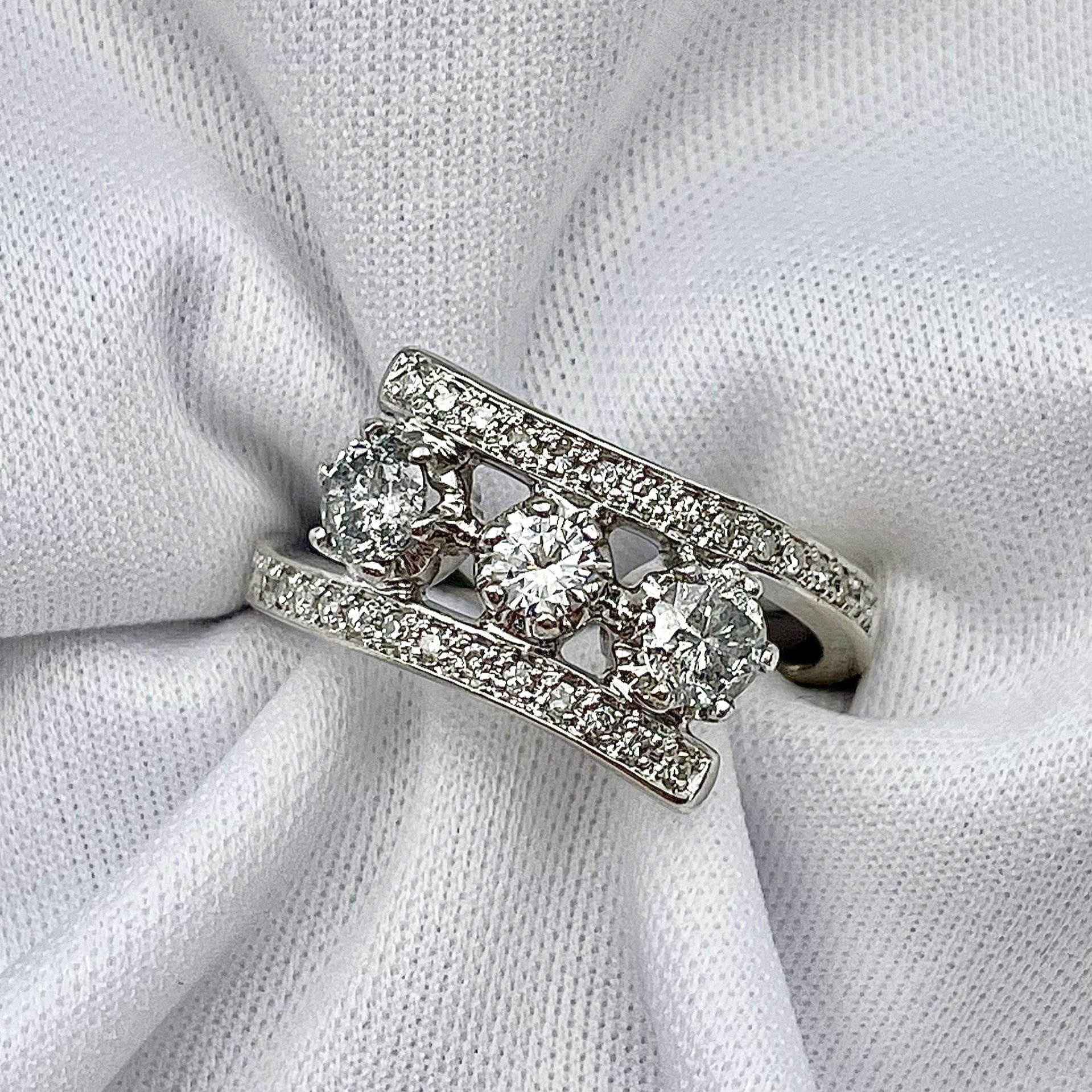 top down view white background 3/4ctw A Diamond 3 Stone Bypass Anniversary Engagement Statement Ring 14k White Gold
