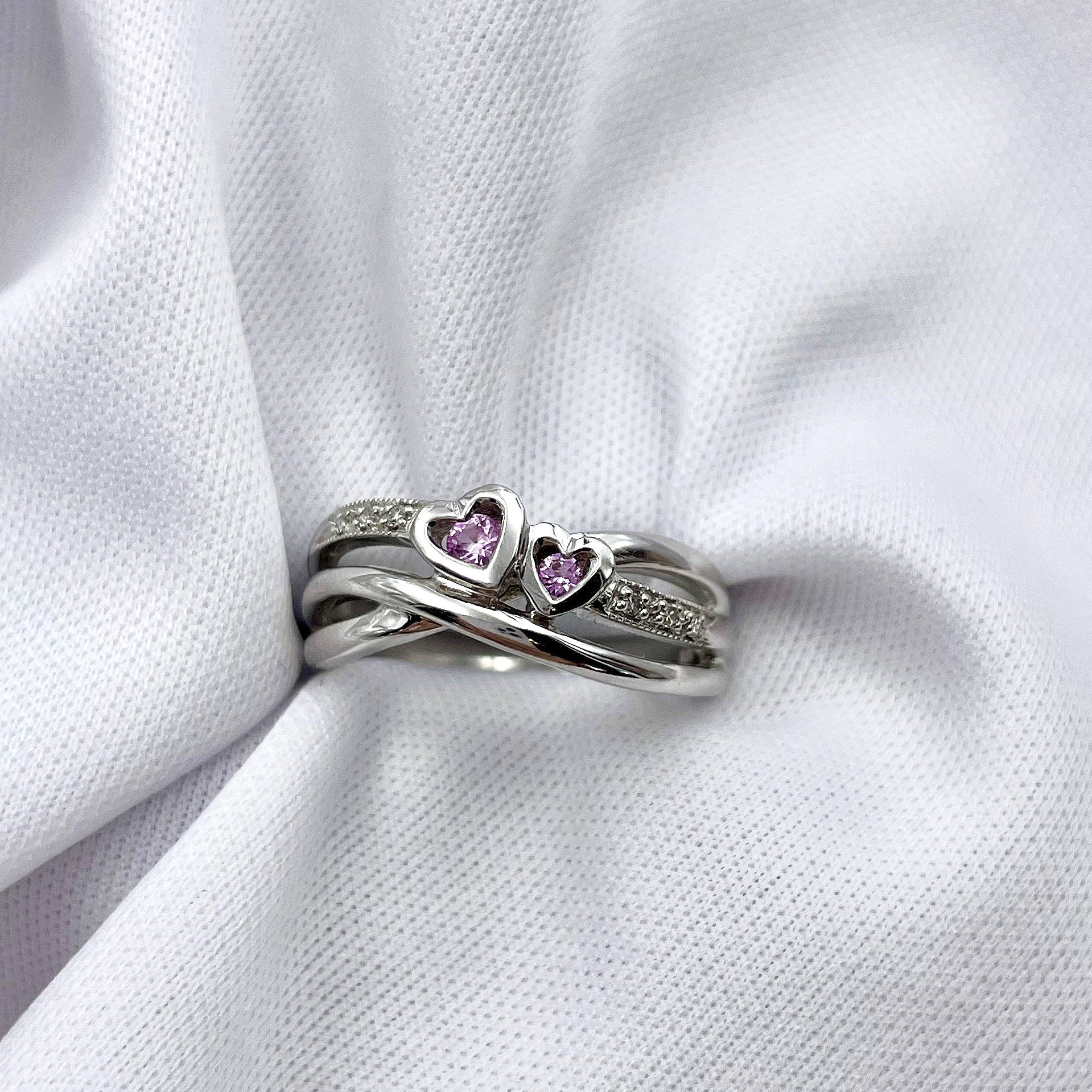 top down view white background Double Heart Pink Tourmaline With Diamond Accents 10k White Gold Promise Ring