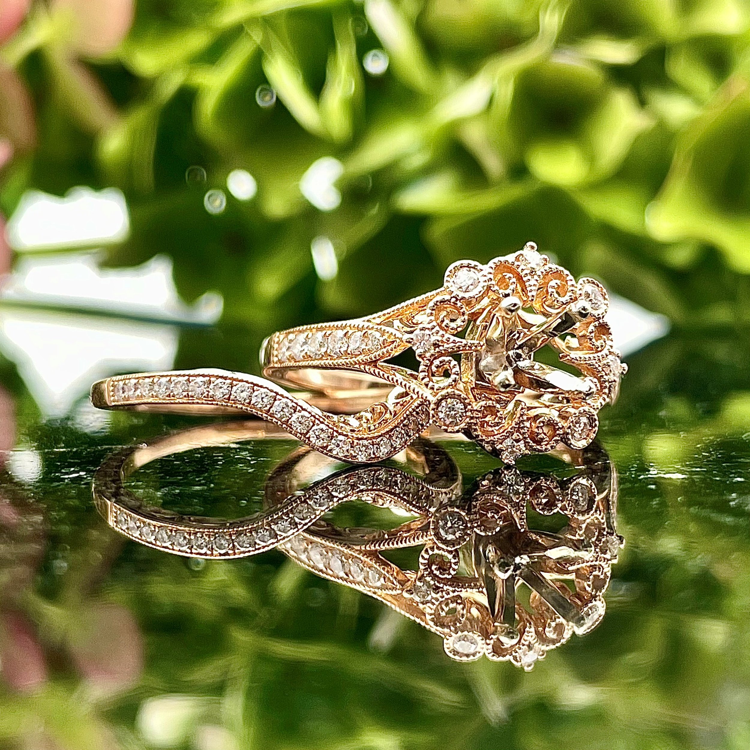 14k Rose Gold 1/5ctw Diamond Semi Set Ladies Wedding Set Mounting With Filigree Halo