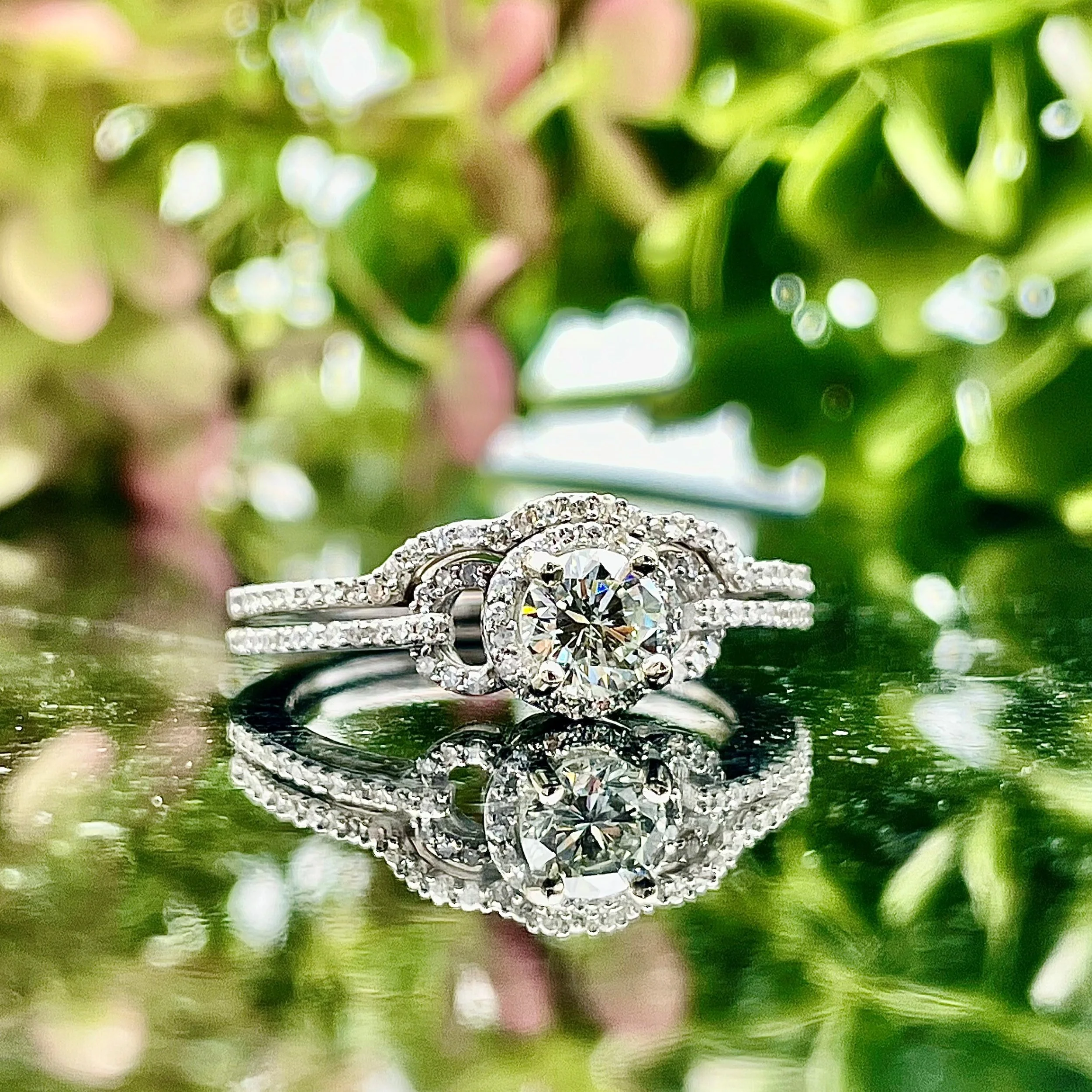 .51ct Round Diamond Ring With Halo And Pave Accents 14k White Gold Wedding Set With Matching Tracer Band