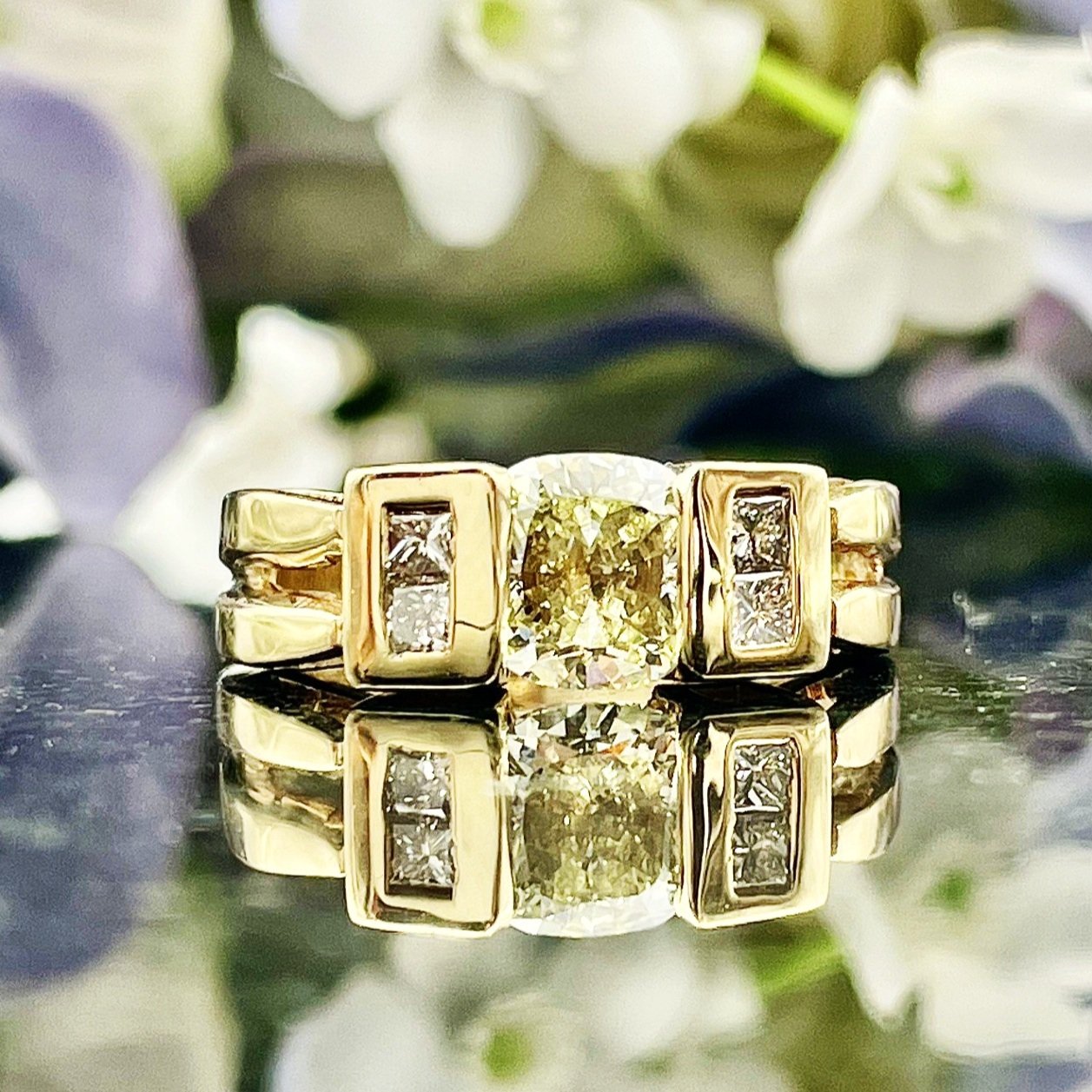 close up in front of flowers 1.24ct Cushion Diamond Engagement Ring 14k Yellow Gold