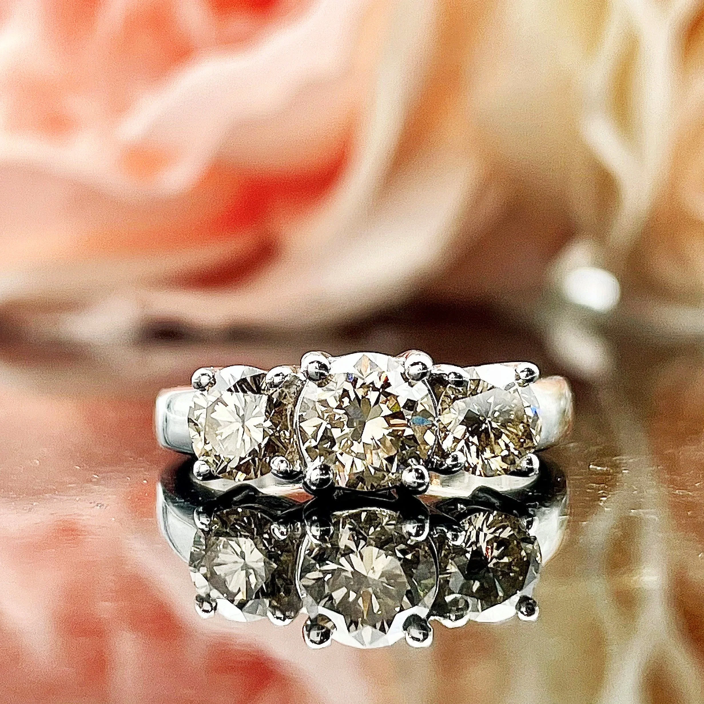 2ctw Round Champagne Diamond Three Stone Ladies Ring 14k White Gold