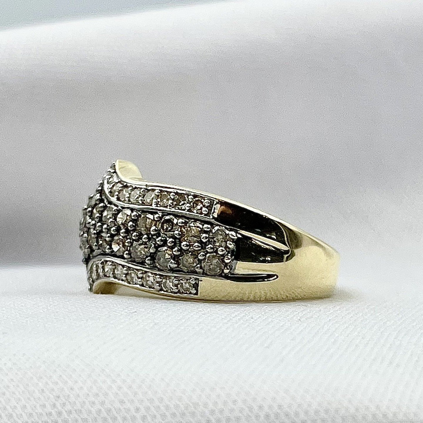 side view white background 1.00ctw Champagne And White Diamond Pave Ring 10k Yellow Gold