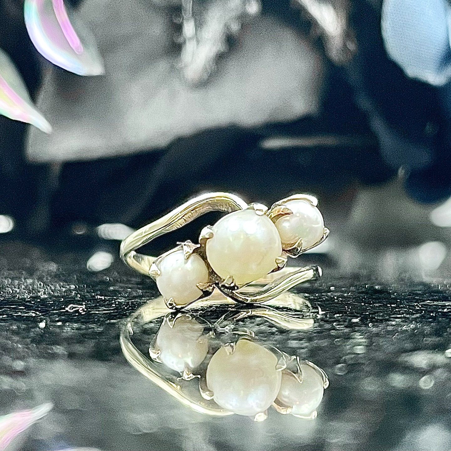 Vintage Three Pearl Bypass Ring 10k Yellow Gold