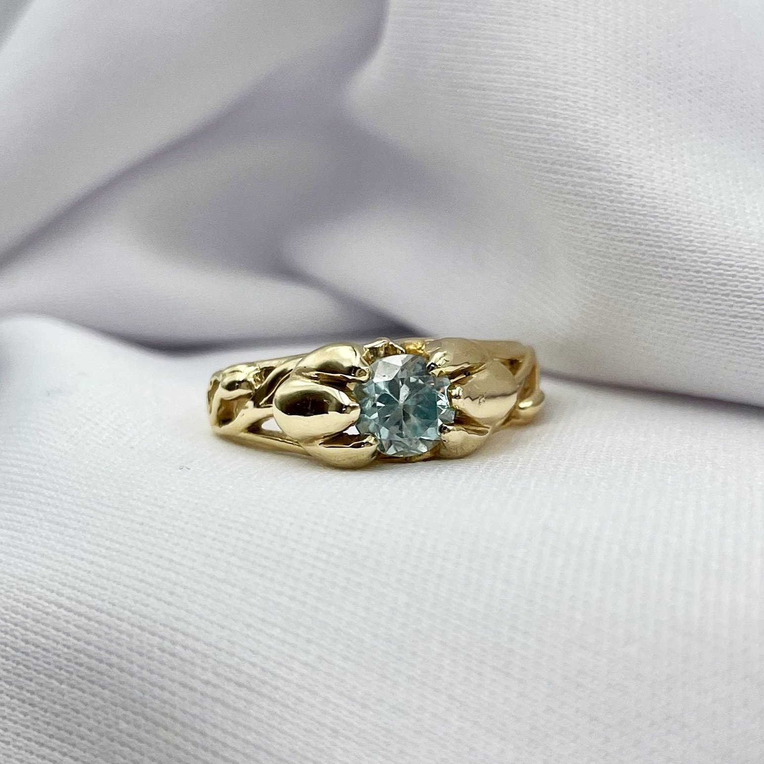 close up white background Blue Zircon 6mm Round Floral Ladies 14K Yellow Gold Ring