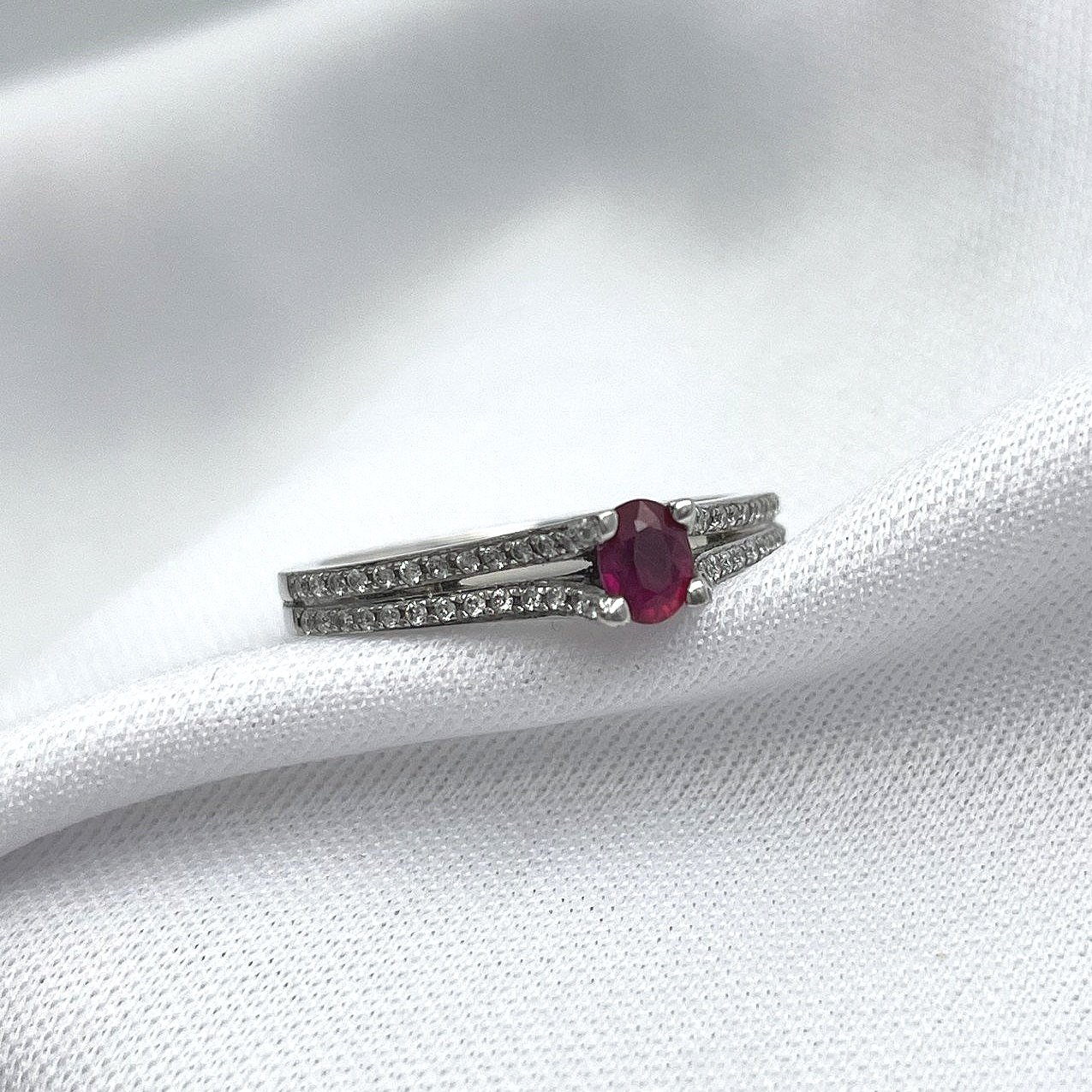 3/4 front view 1/3ct Ruby And Diamond Band Ladies Ring 14k White Gold