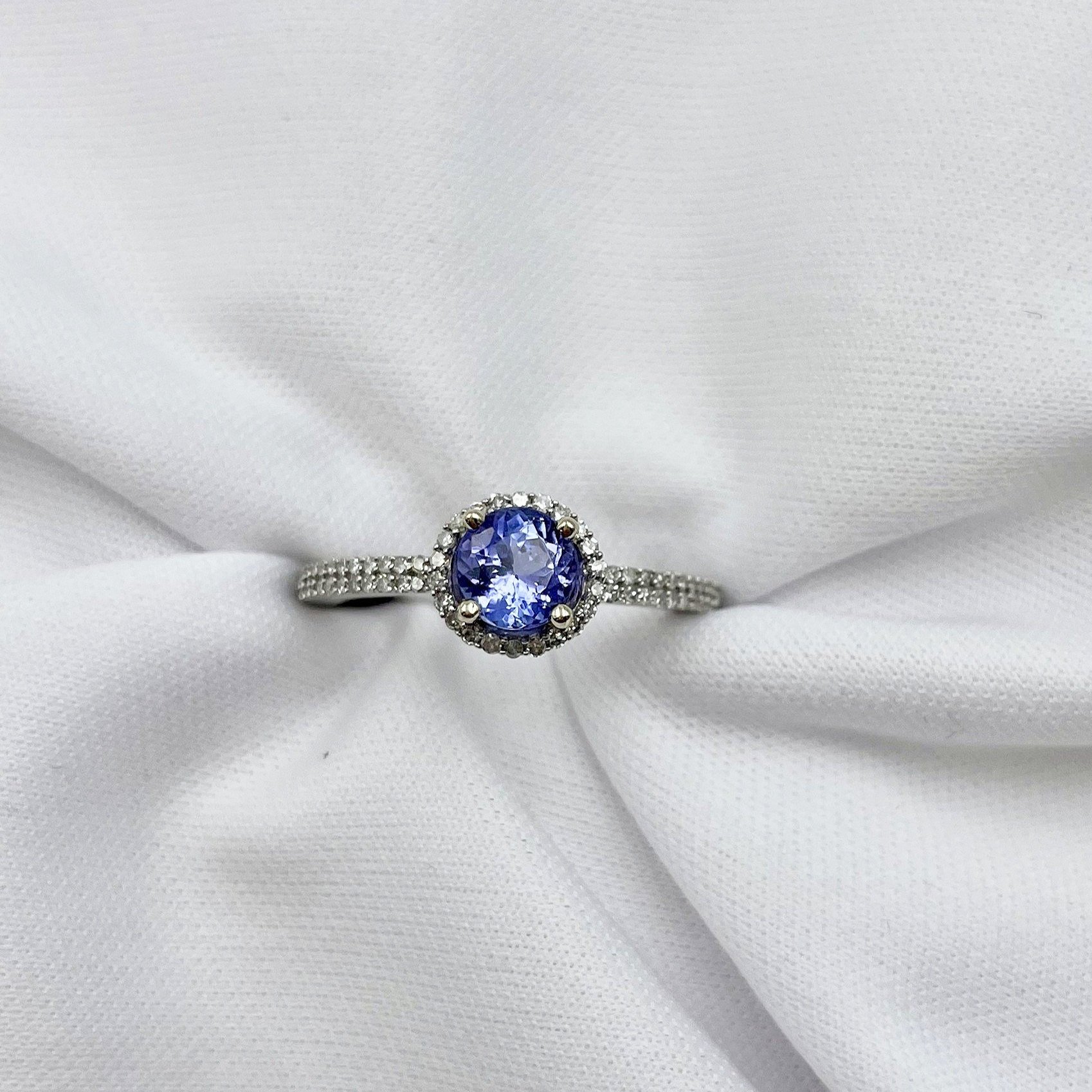 top down white background Tanzanite With Diamond Halo Diamond Band Ladies 14k White Gold Ring