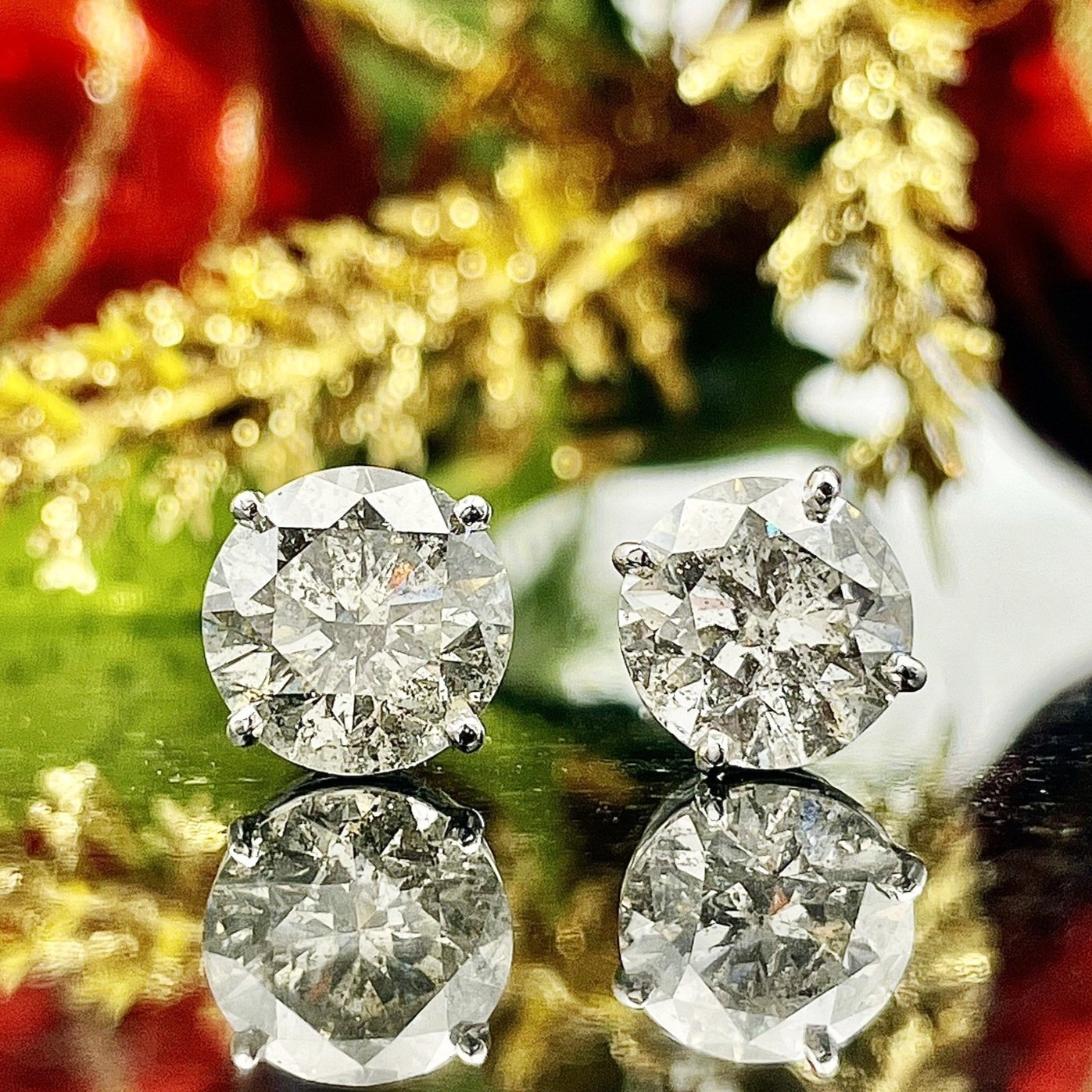 close up in front of Christmas florals 5.52ctw Round Natural White Diamond Stud Earrings 14k White Gold