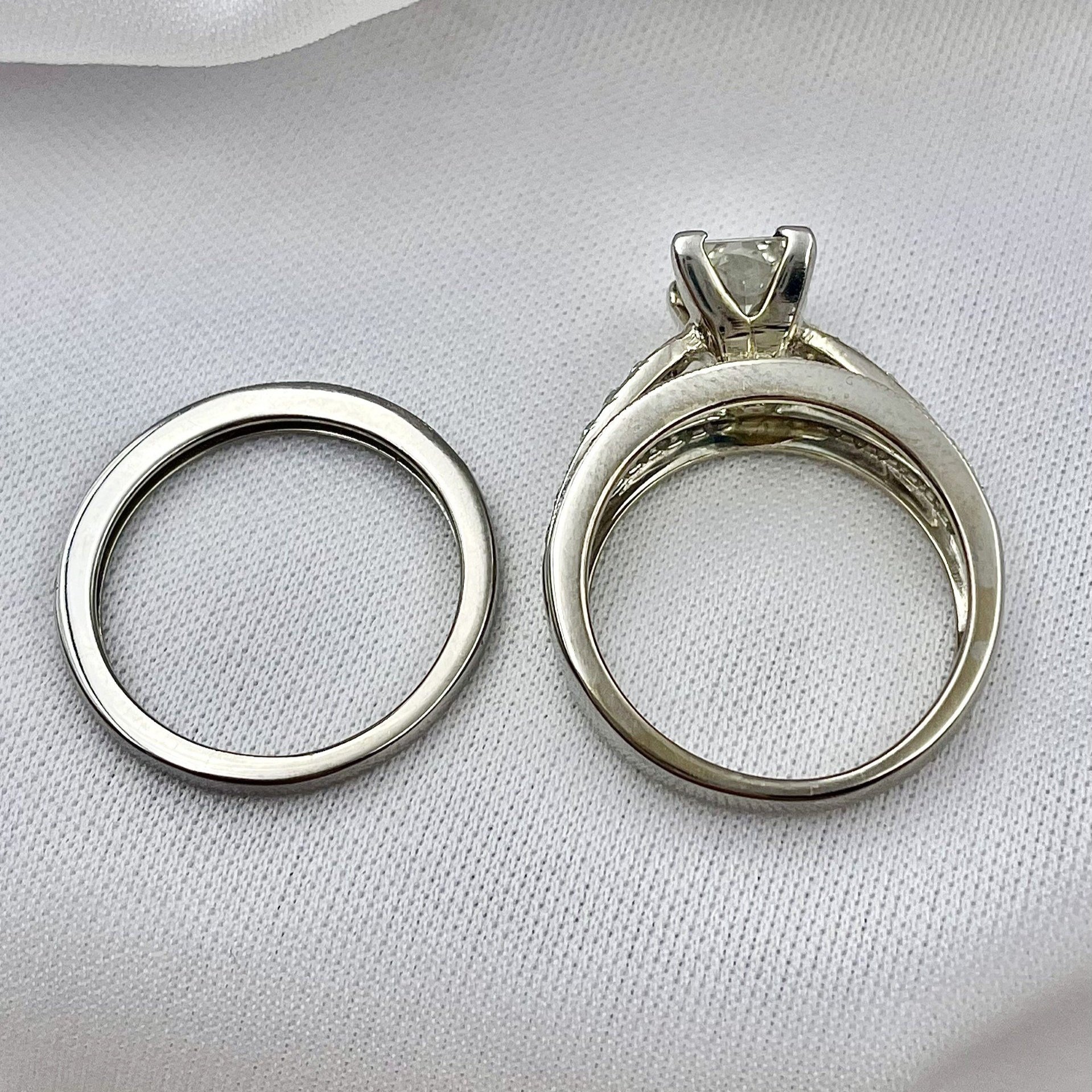 top down gallery view 1.41ct Radiant Cut Center Ladies Wedding Set 14k White Gold