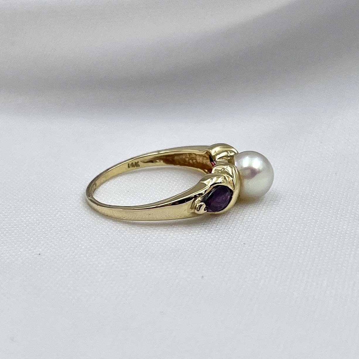 side view white background 14k Yellow Gold Pearl And Ruby Ring