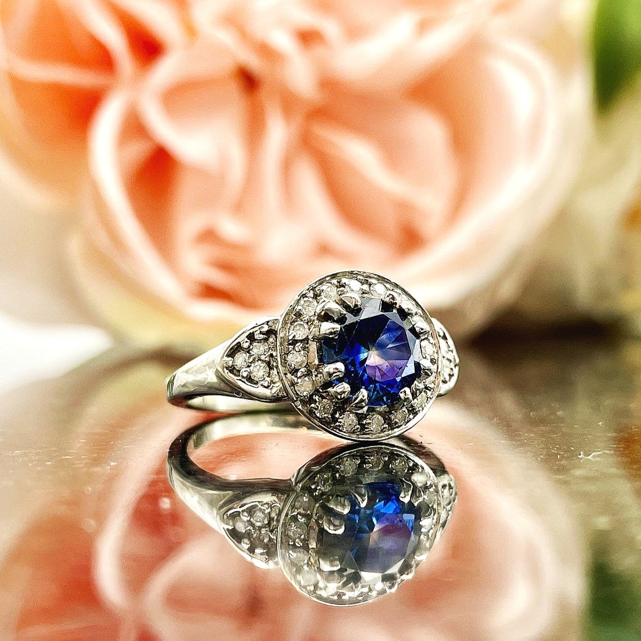 14k White Gold 1.37ct Sapphire With Diamonds Vintage Inspired Ladies Ring