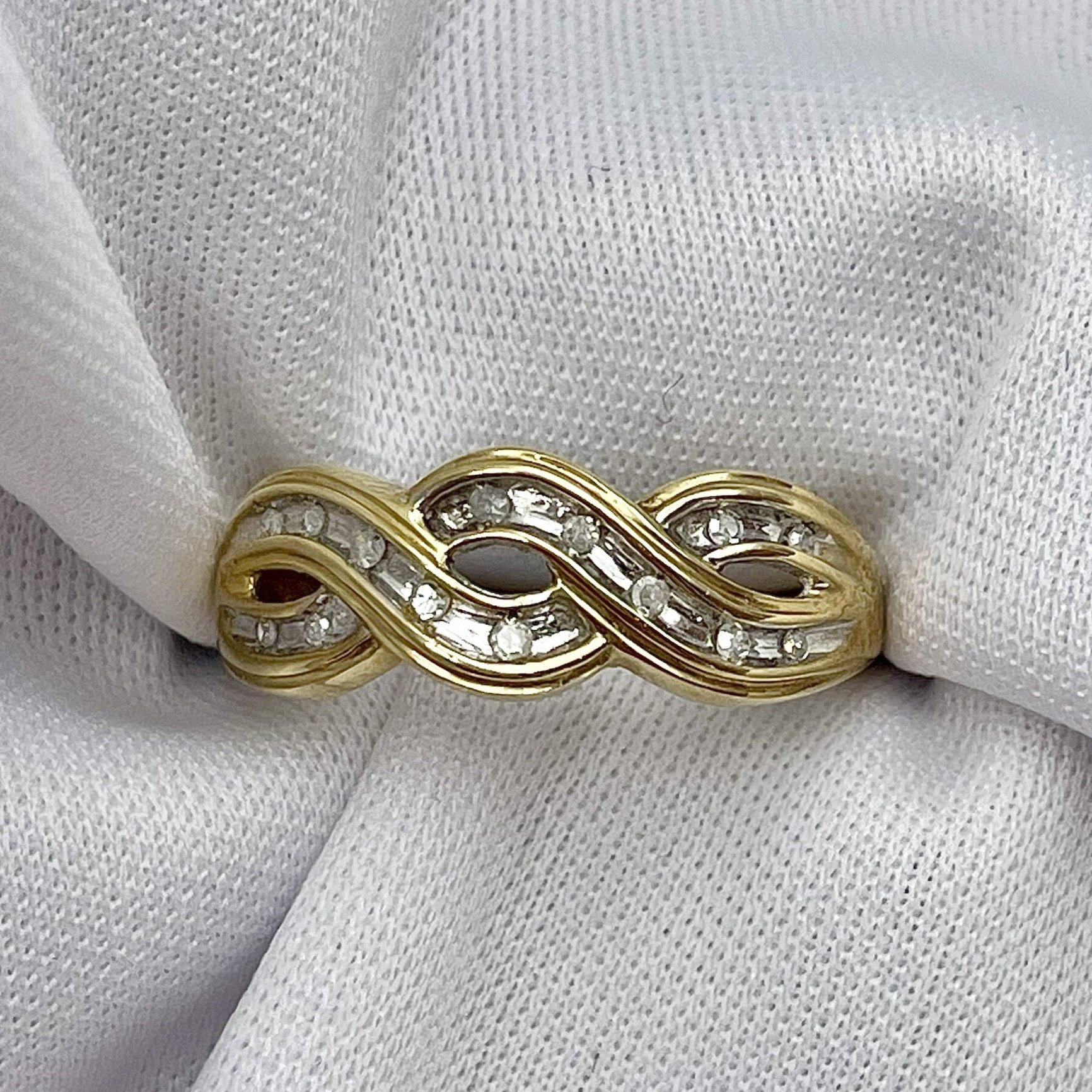 top down view white background 10k Yellow Gold Braided Channel Band 1/10ctw Diamond Ring