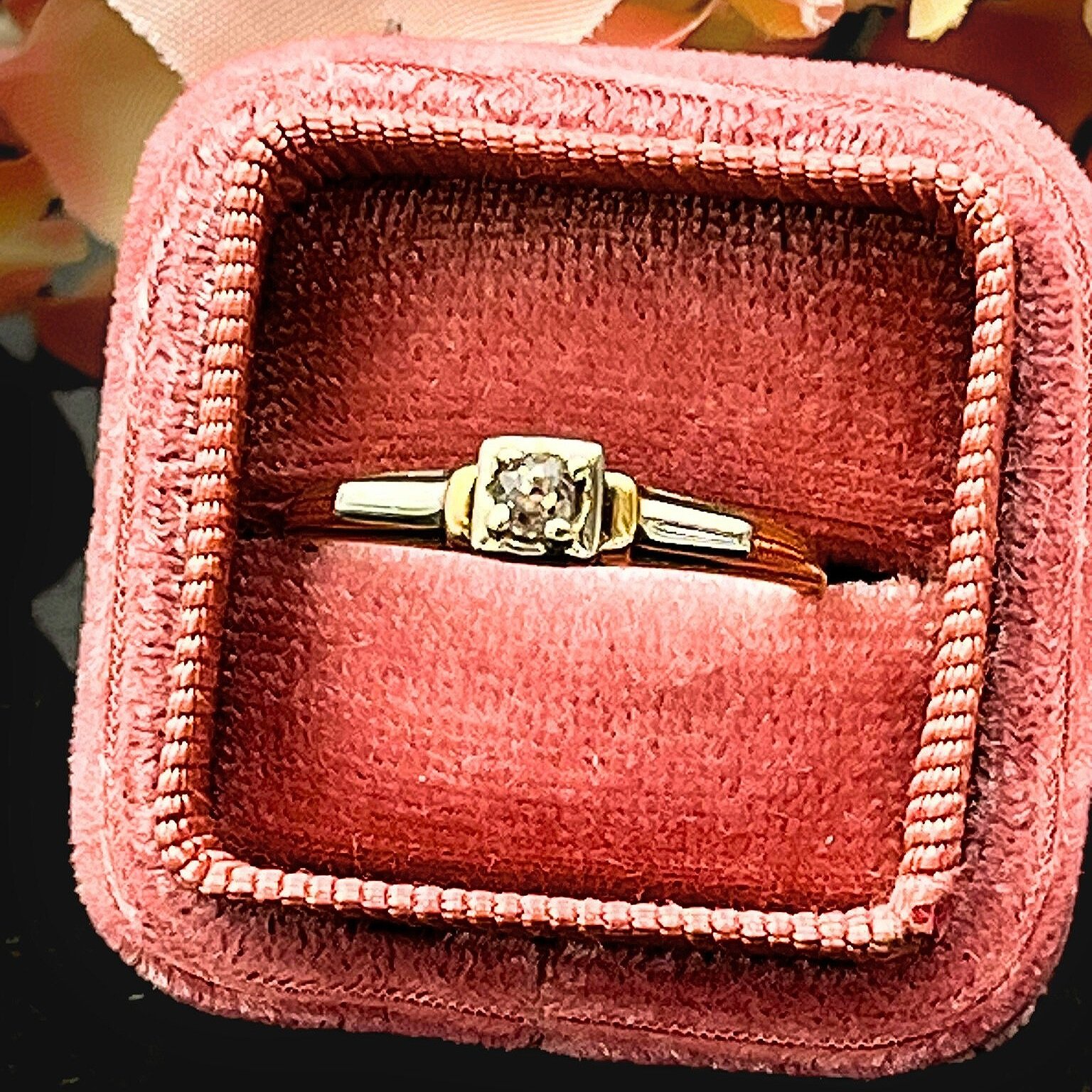 .15ct Old Mine Cut Diamond Solitaire Estate Ring Two Tone 14k White Gold 18k Yellow Gold