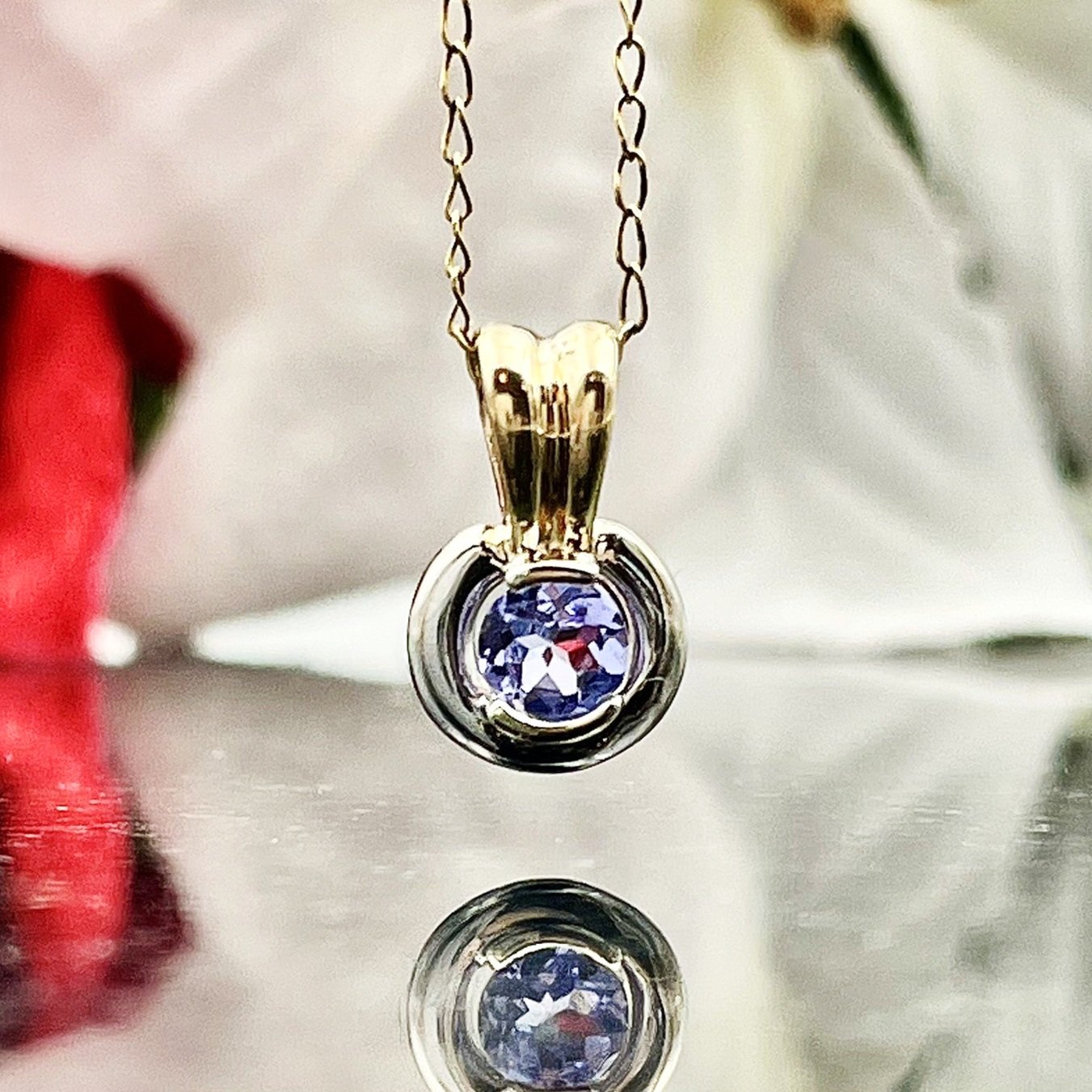 14k Two Tone White And Yellow Gold Half Bezel Set Tanzanite Solitaire Pendant