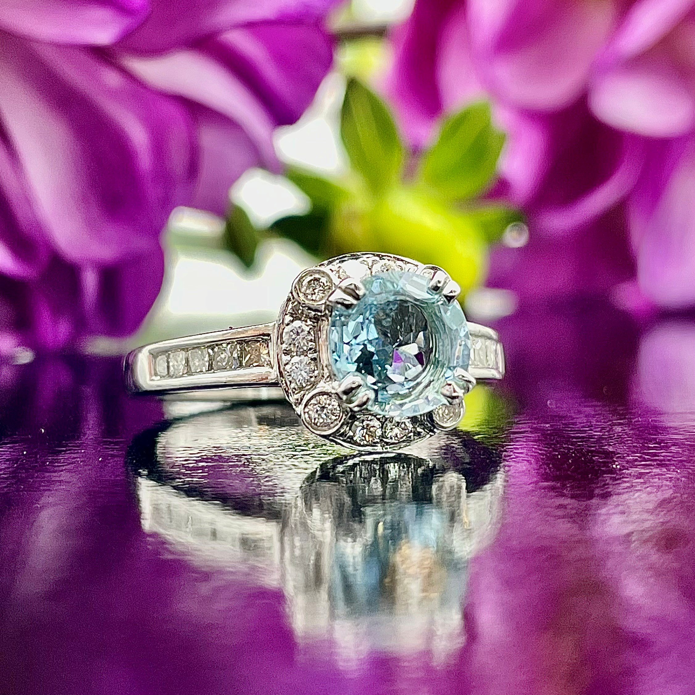 .98ct Aquamarine With Diamond Halo 14k White Gold Ladies Ring