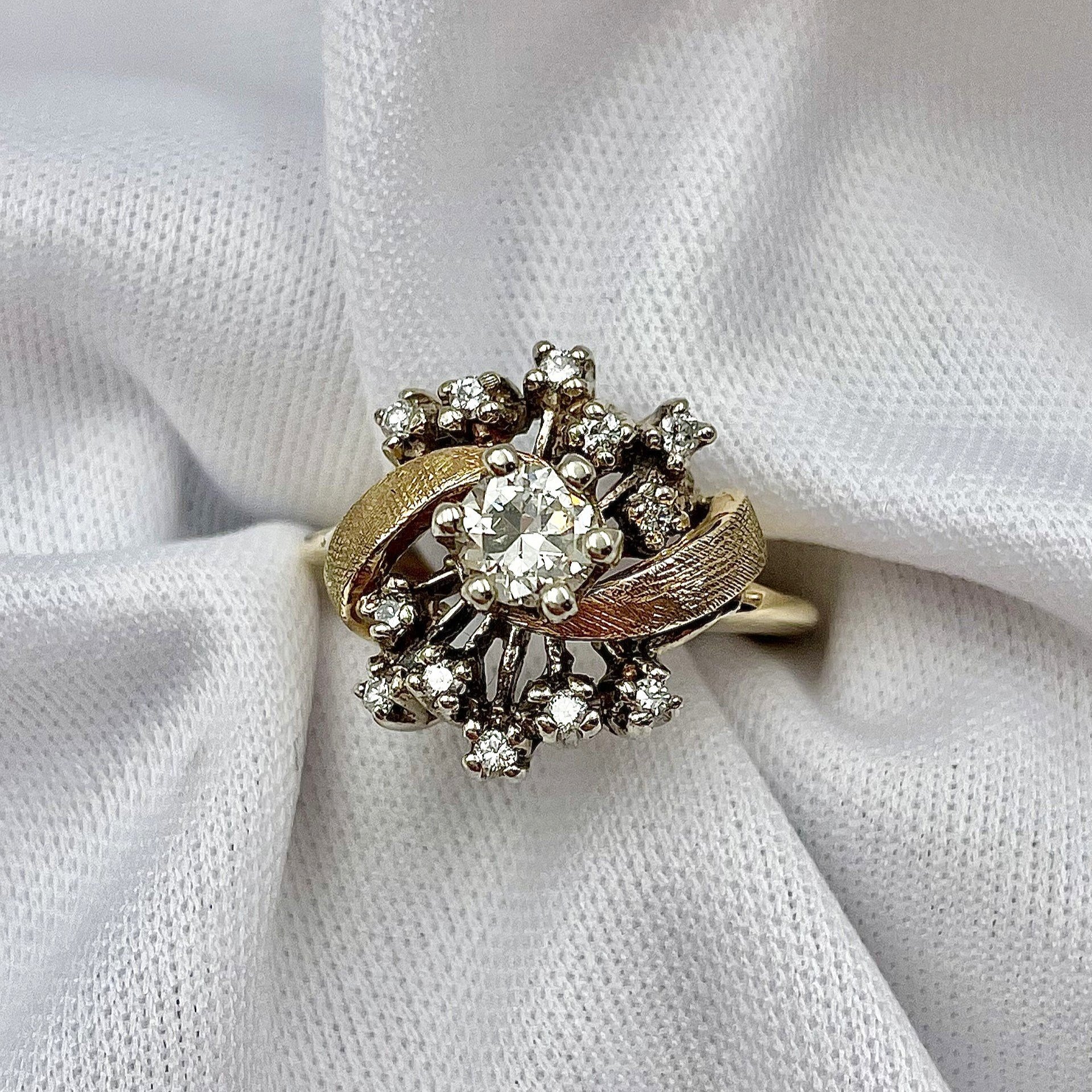 top down view white background .40ctw Old European Cut Estate Diamond Ring 14k Yellow Gold