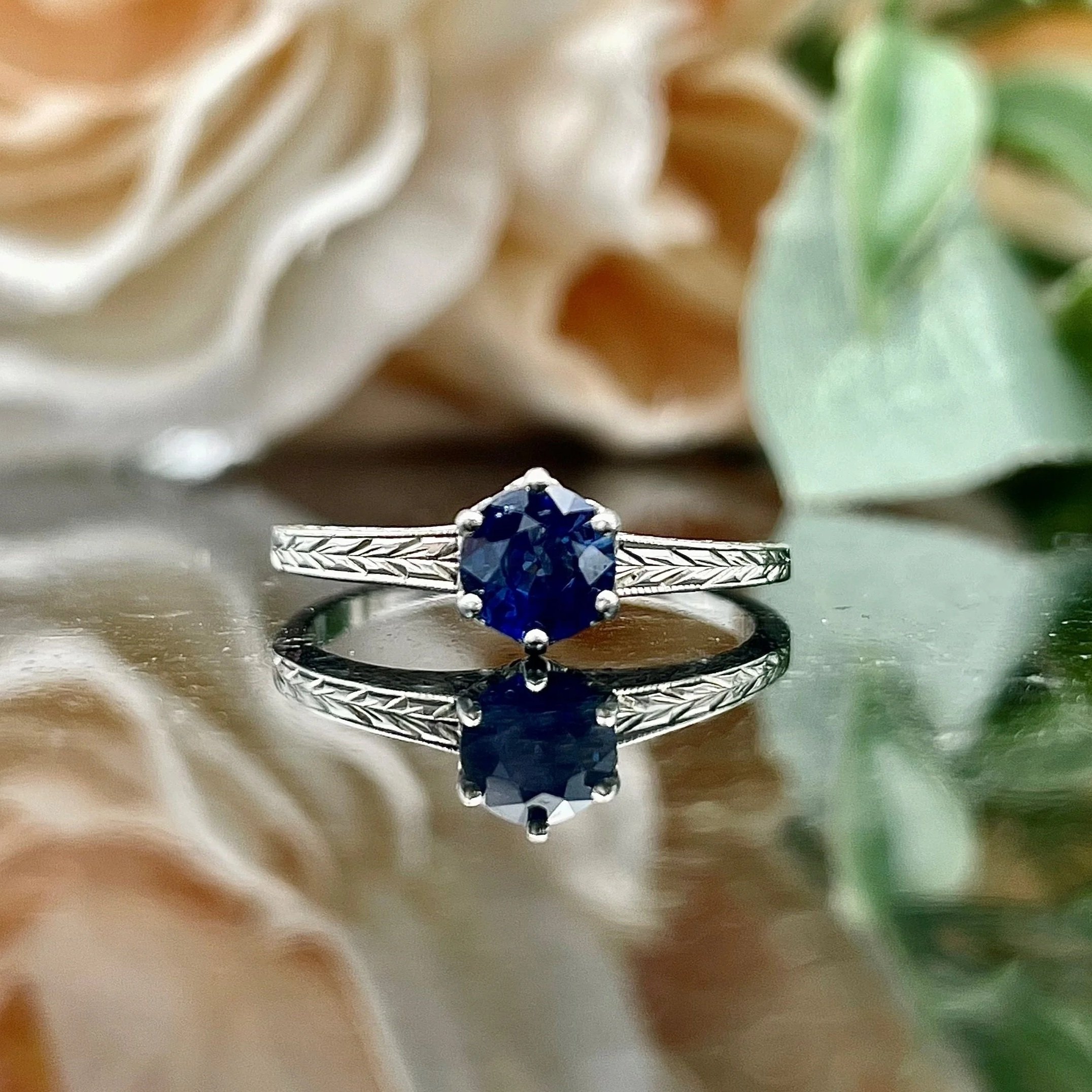 .57ct Round Blue Sapphire Vintage 14k White Gold Ladies Ring