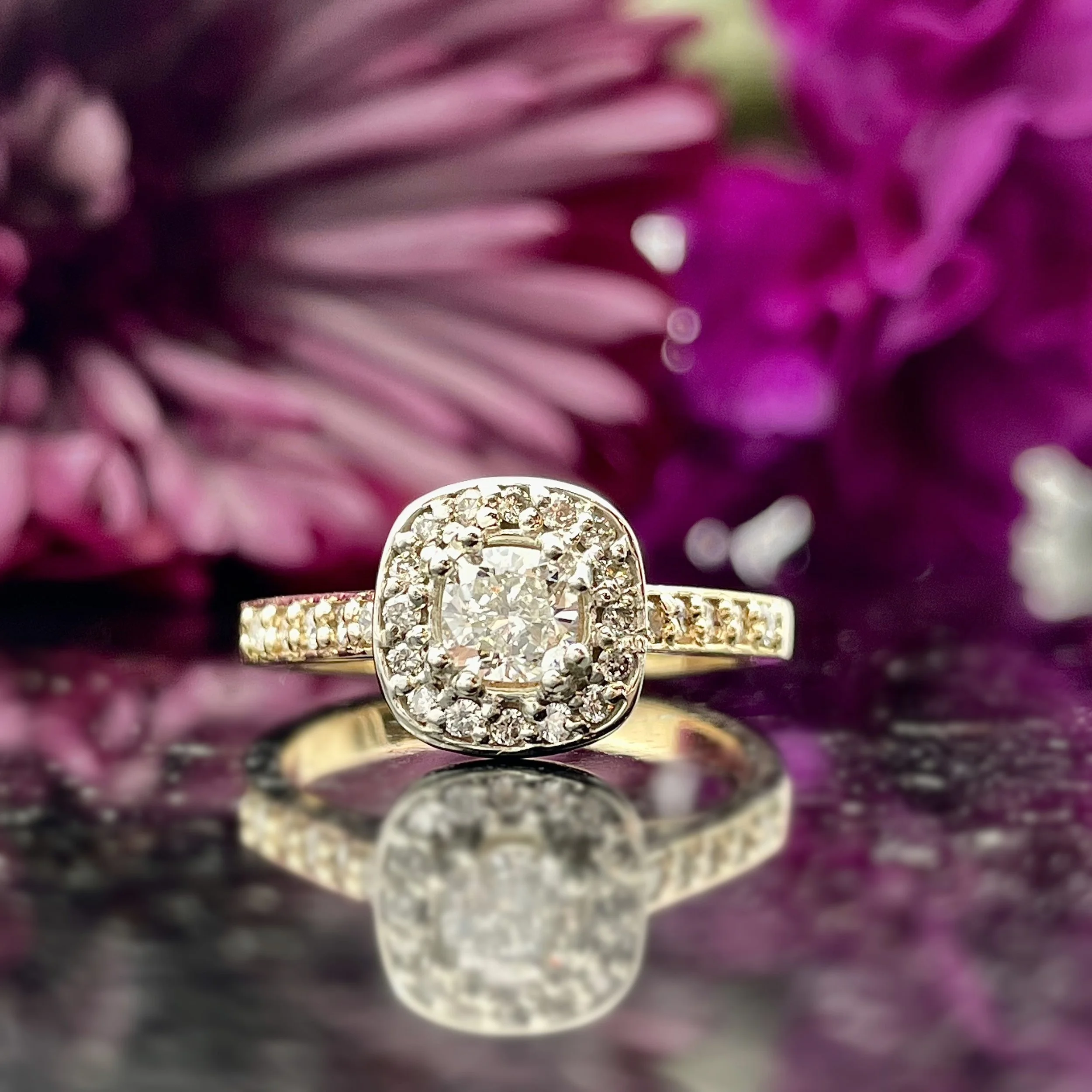 14k Two Tone Yellow And White Gold Ladies Cushion Halo .78ctw Diamond Engagement Ring