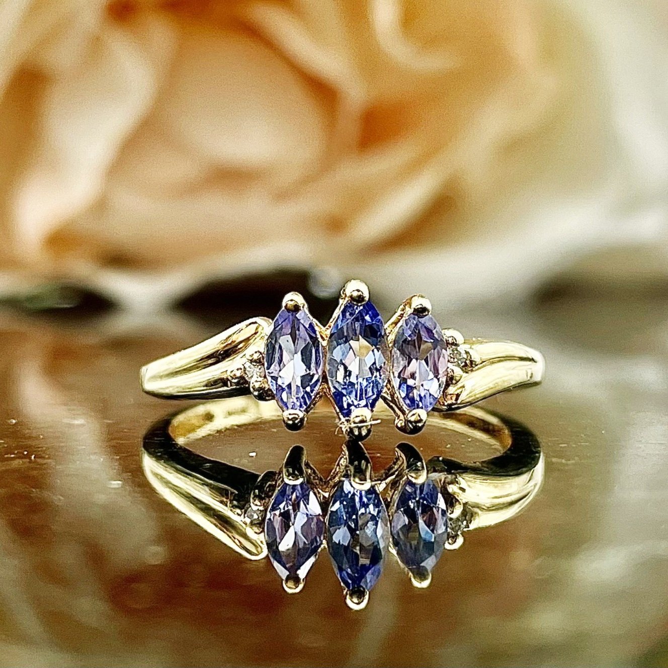 Marquise Cut Three Stone Tanzanite Ring With Diamond Accents 10k Yellow Gold