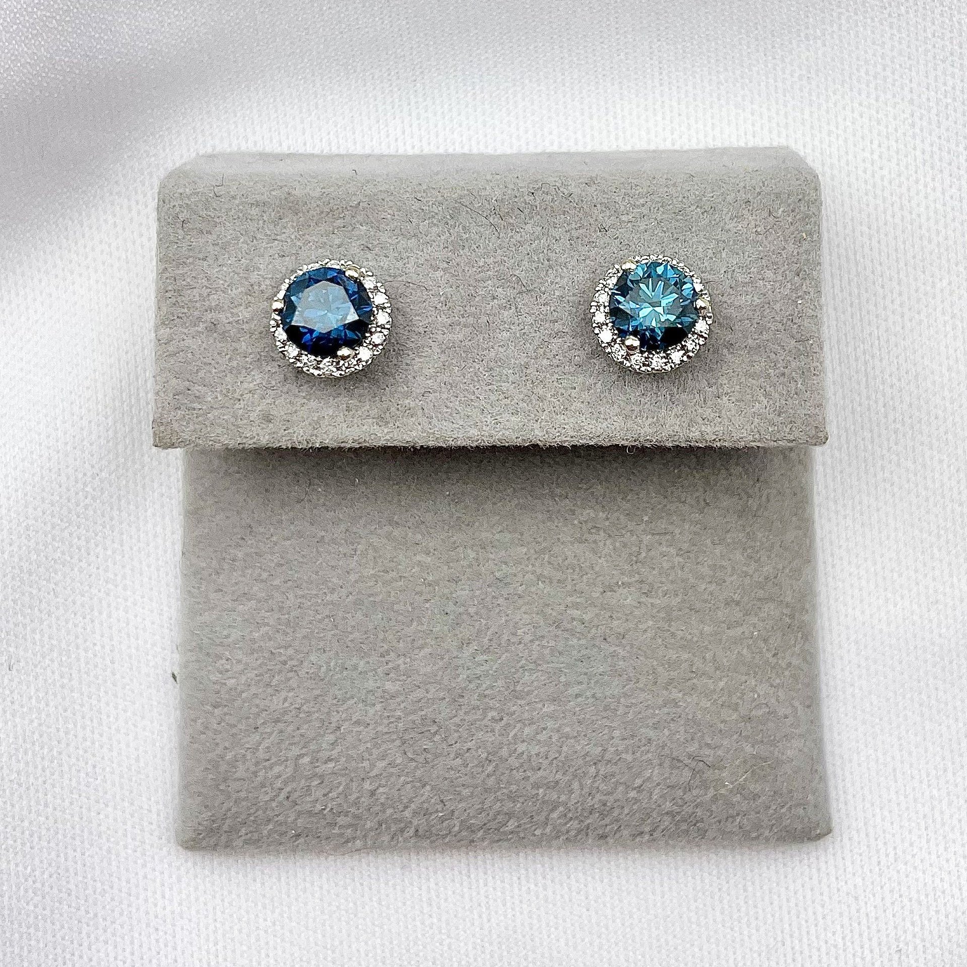 1.27ctw Blue Diamond With White Diamond Halos Stud Earrings 18k And 14k White Gold