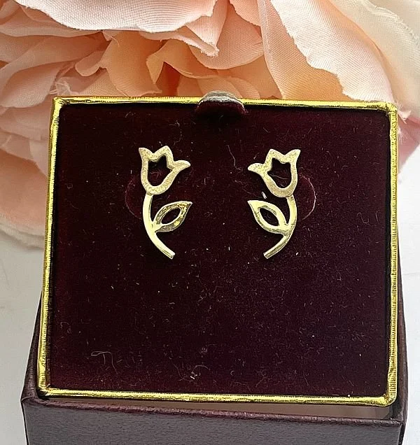 Pink Impressions Tulip Floral Motif Earrings 14K Gold